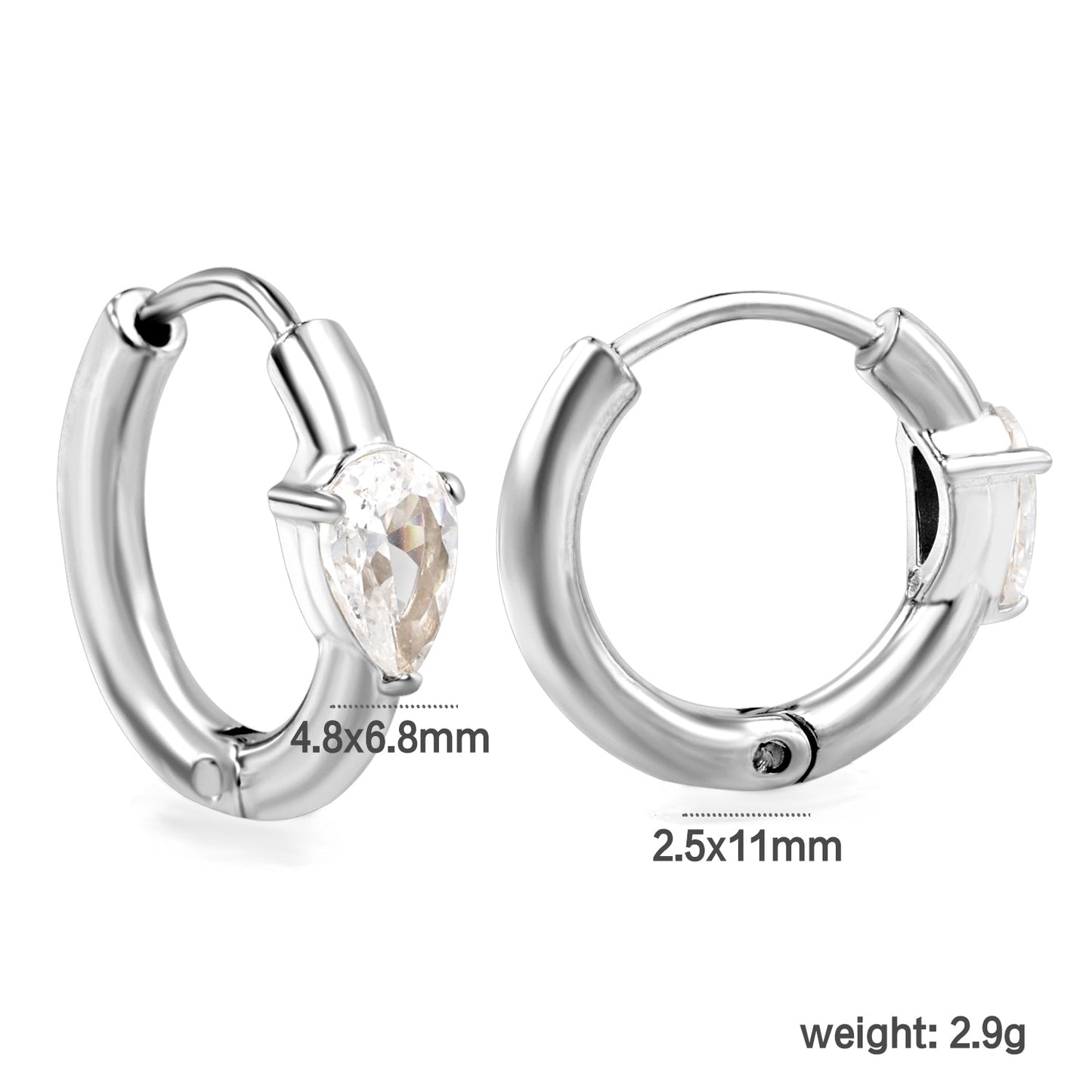 4.8*6.8mm teardrop shaped 3-prong zirconia ear clips 2.5*I.D. 11mm steel color gold color