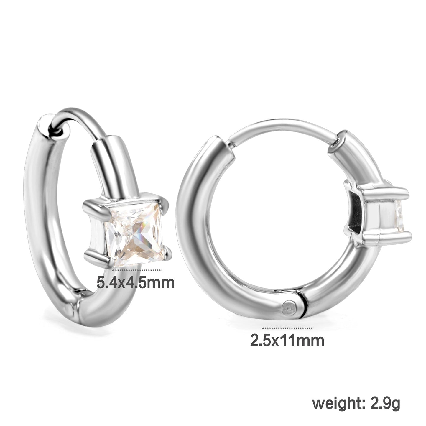 5.4*4.5mm square four-pronged zirconium earring clasp 2.5*I.D. 11mm steel color gold color