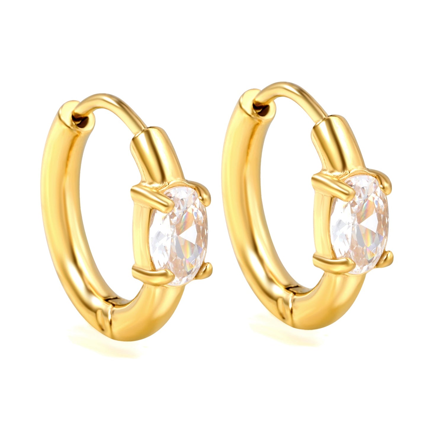 4.5*6.7mm Oval Four Claw White Zirconia Ear Clips 2.5*I.D. 11mm Steel Gold
