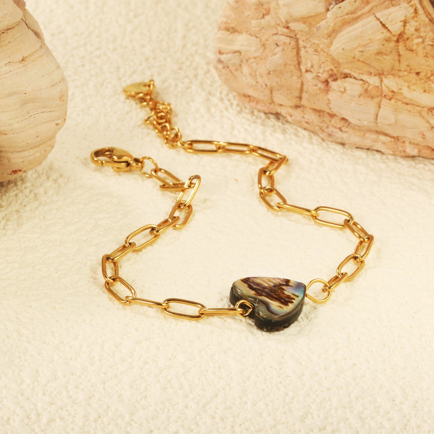 12.2*11.5mm Heart Shaped Abalone Shell Bracelet 0.8mm*17+3cm+6mm Round Plaque GOLDEN