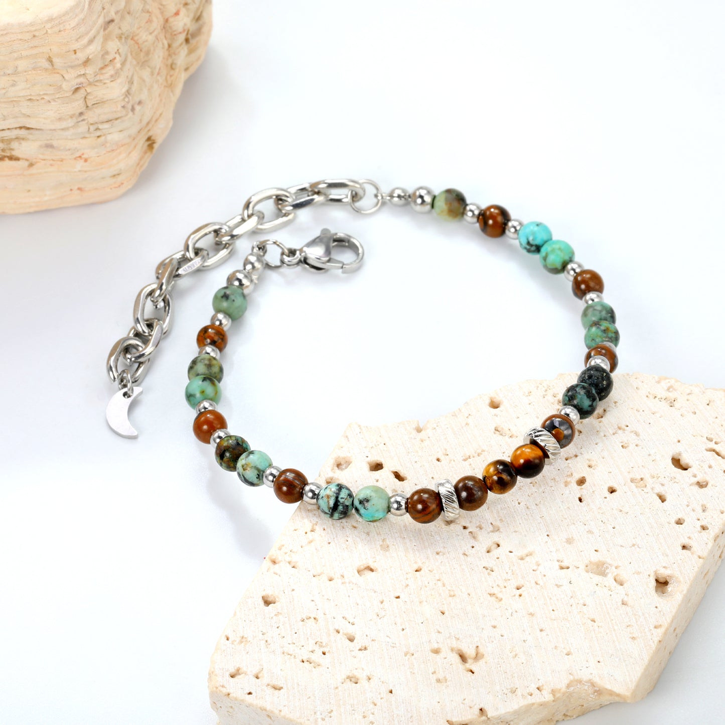 18+5cm Natural Stone Stainless Steel Bead Chain Bracelet Wholesale
