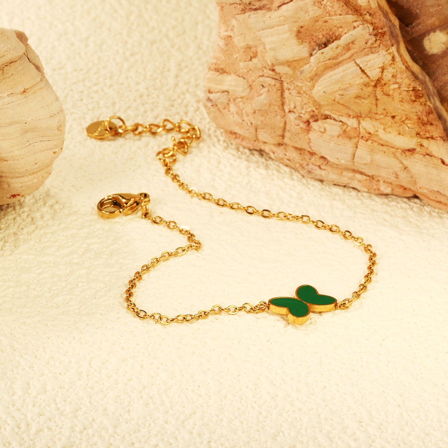 11.2*8mm Butterfly with White Shell/Black Yak/Pink Shell/Green Drip Oil Bracelet Cross Chain 0.4mm*17+3cm+6mm Round Tail Plaque Gold Color