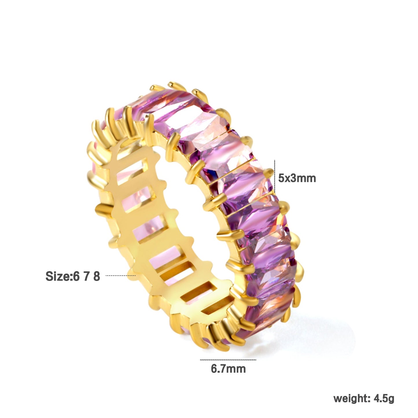 5*3mm rectangle purple/pink/mixed zirconia solitaire ring gold color