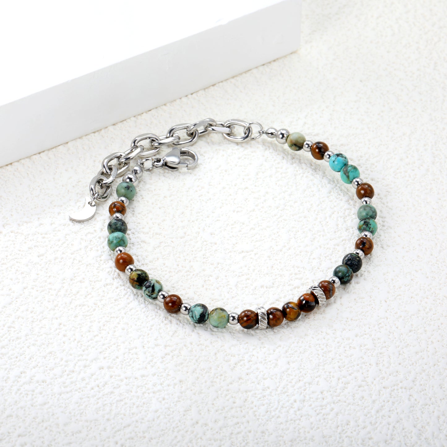 18+5cm Natural Stone Stainless Steel Bead Chain Bracelet Wholesale
