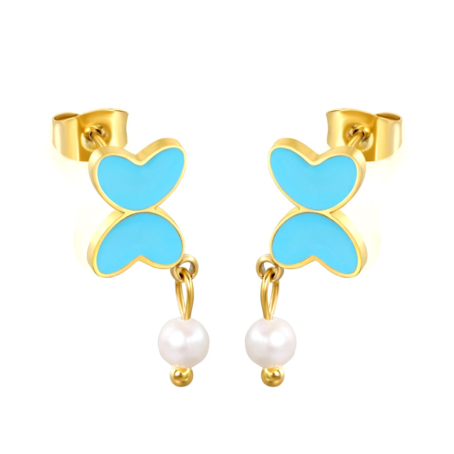 7.8*11mm Butterfly with cut corrosion surface/white shell/pink/light blue/green oil drops + 4mm freshwater pearl earrings Gold color