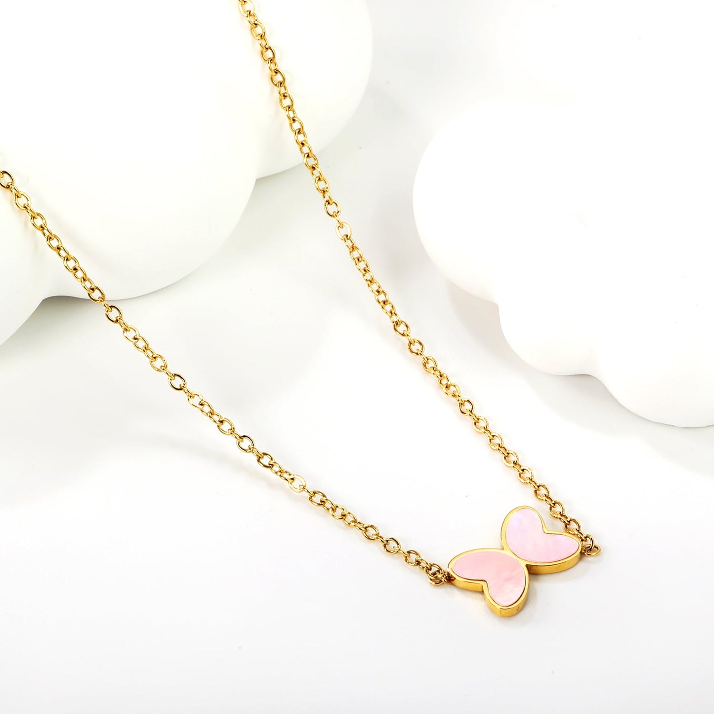 11.2*8mm Butterfly with White Shell/Black Yak/Pink Shell/Green Oil Drop Pendant Necklace 035*45+5cm+6mm Round Gold Color