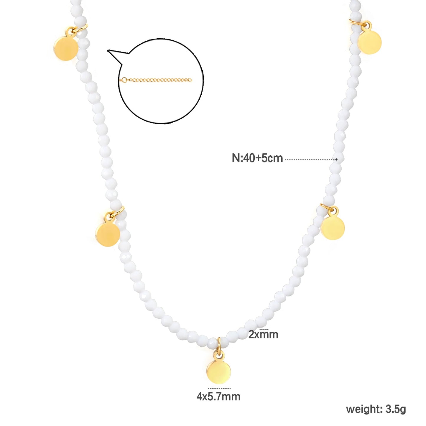 4*5.7mm round accessories +2mm white/mineral black beads necklace 40+5cm+6mm round plate Gold color