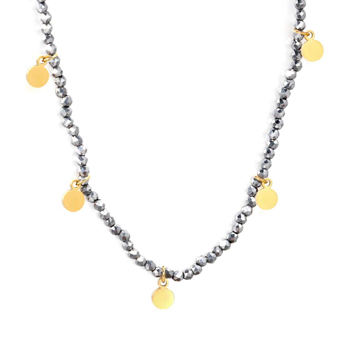 4*5.7mm round accessories +2mm white/mineral black beads necklace 40+5cm+6mm round plate Gold color