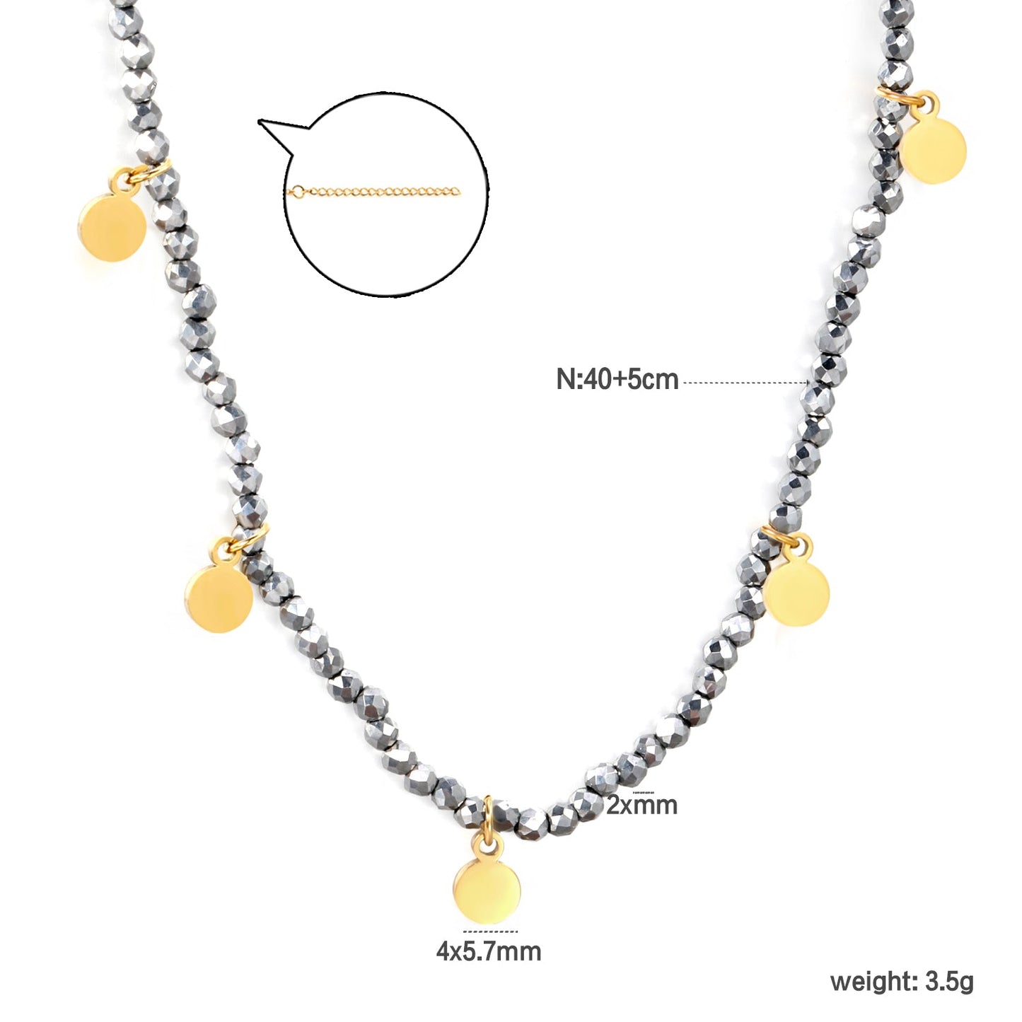 4*5.7mm round accessories +2mm white/mineral black beads necklace 40+5cm+6mm round plate Gold color