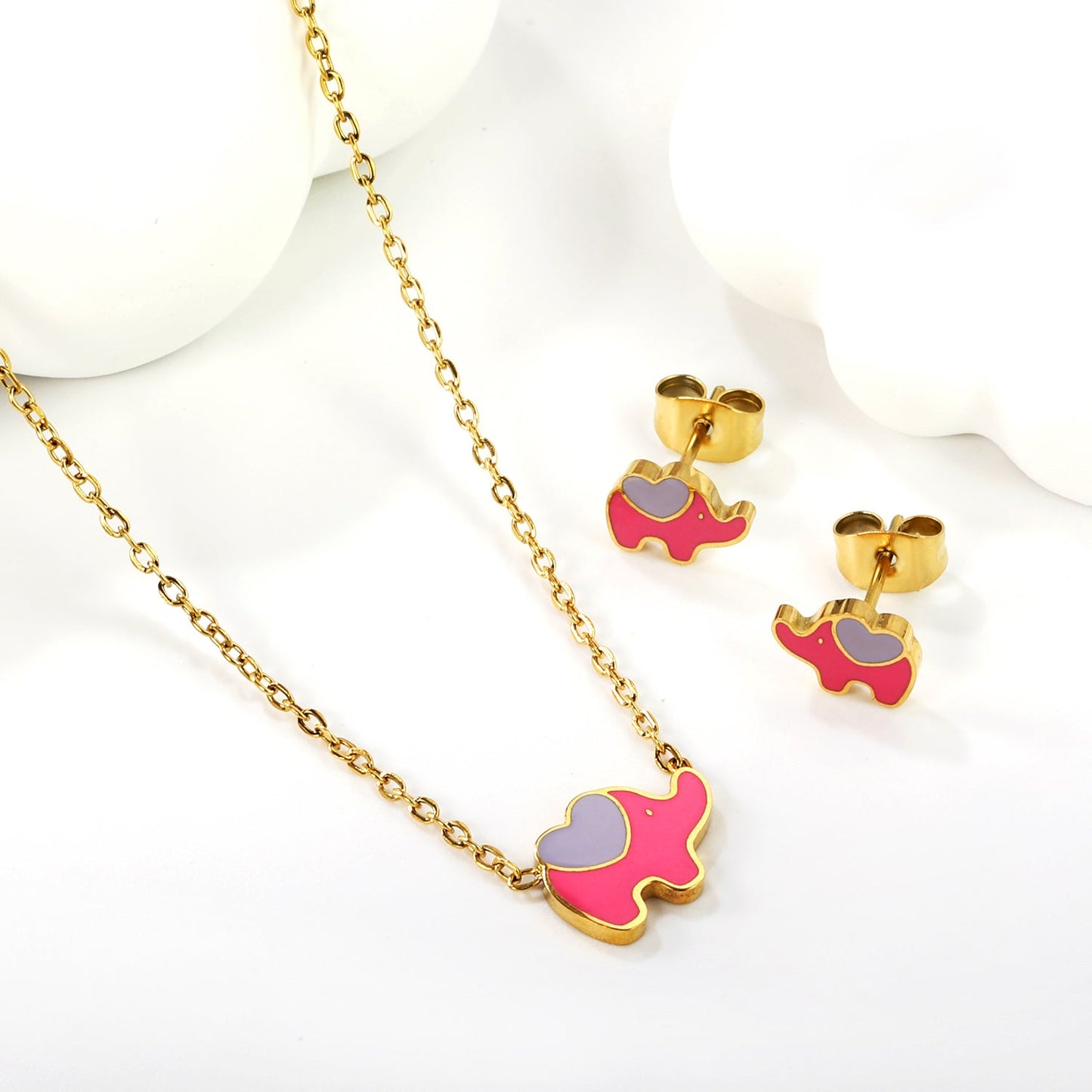 8.6*6.4mm small elephant with pink oil drop earrings +12.2*9mm pendant set cross 0.3mm*45+5cm+6mm round plate Gold color