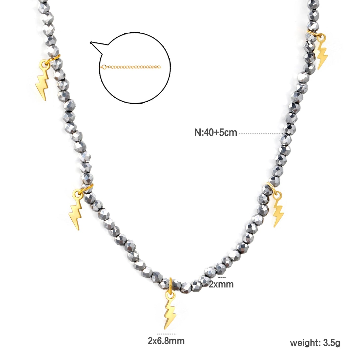 2*6.8mm lightning bolt accessories +2mm white/mineral black beads necklace 40+5cm+6mm round plate Gold color