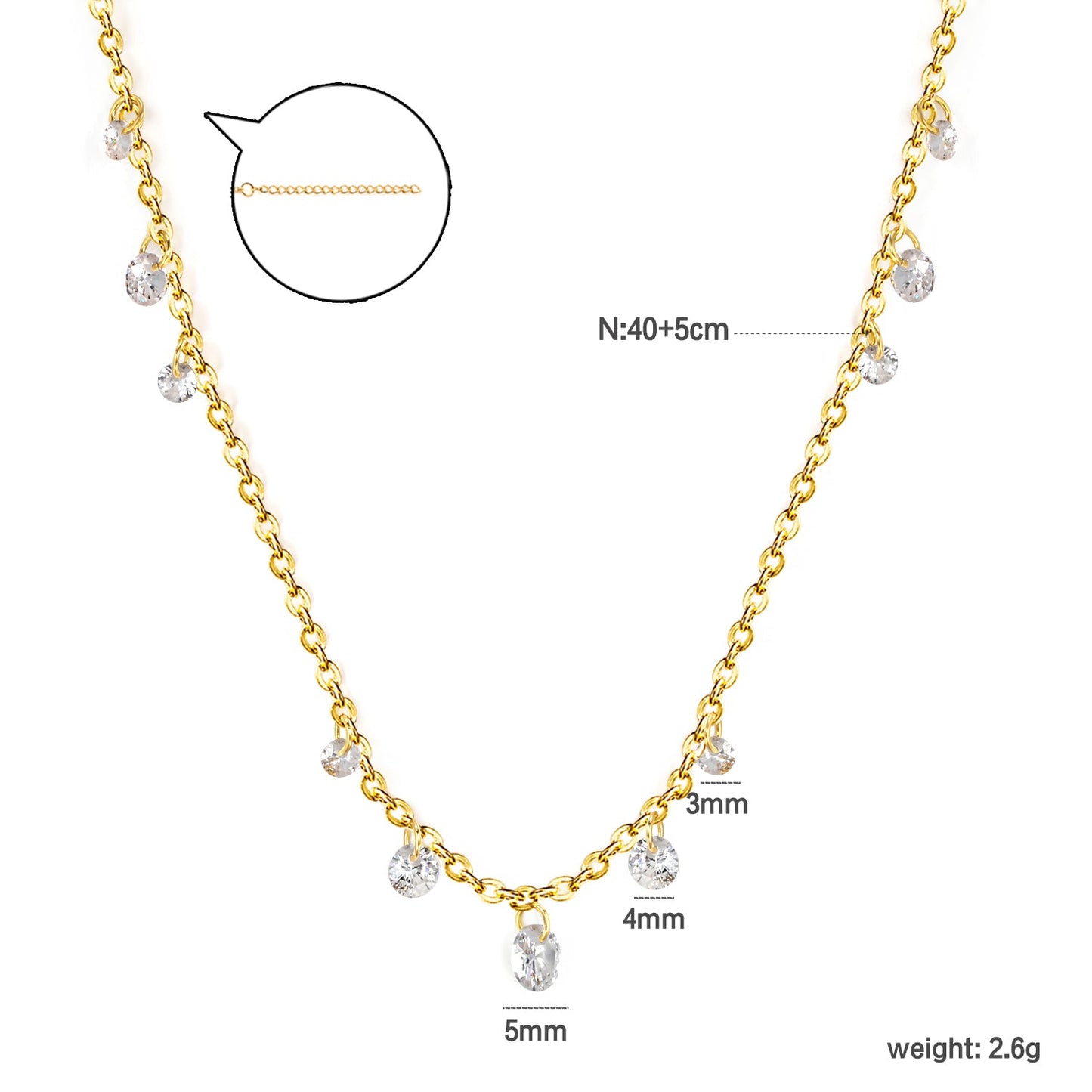 3+4+5mm round white zirconia necklace cross chain 40+5cm+6mm round plate Gold color