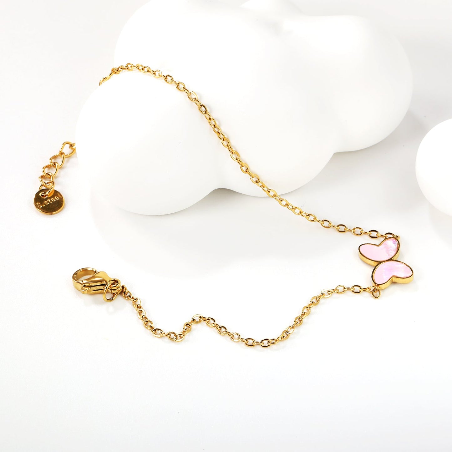 11.2*8mm Butterfly with White Shell/Black Yak/Pink Shell/Green Drip Oil Bracelet Cross Chain 0.4mm*17+3cm+6mm Round Tail Plaque Gold Color