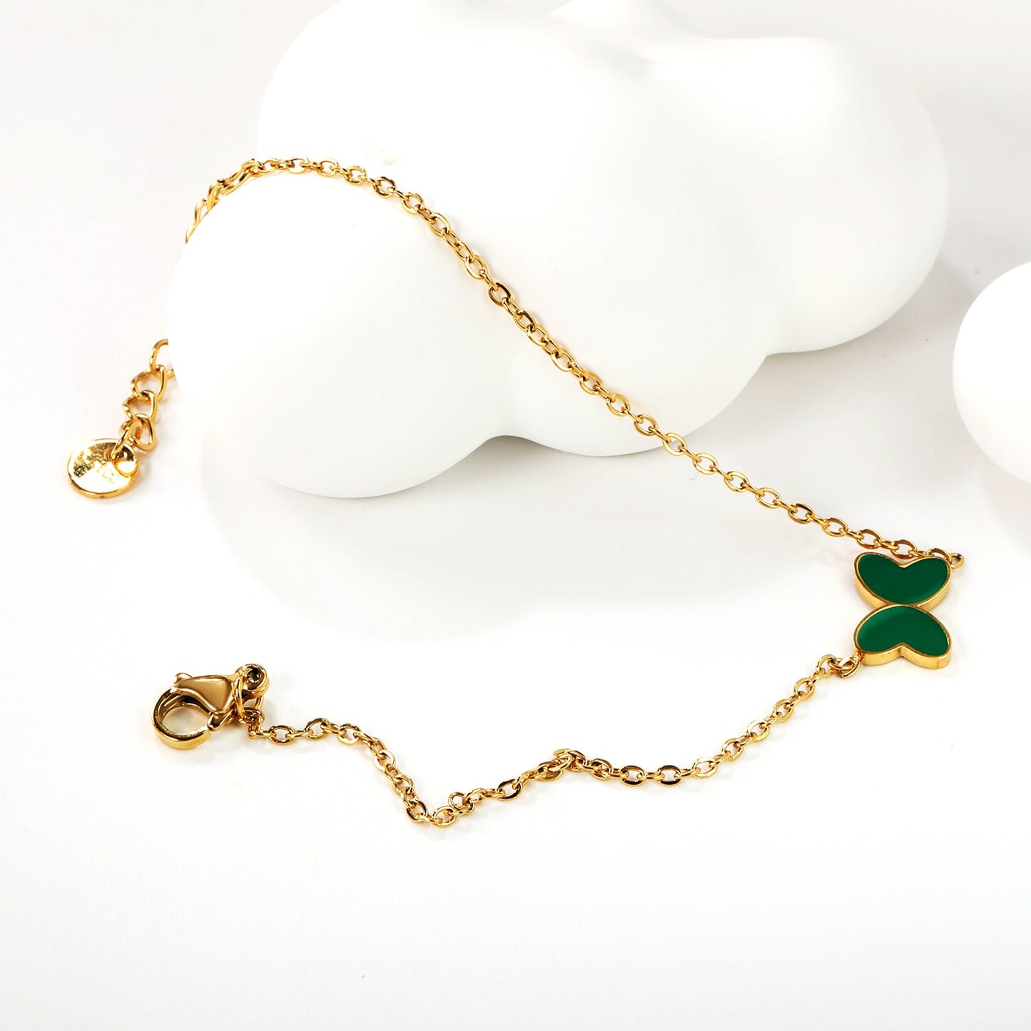 11.2*8mm Butterfly with White Shell/Black Yak/Pink Shell/Green Drip Oil Bracelet Cross Chain 0.4mm*17+3cm+6mm Round Tail Plaque Gold Color