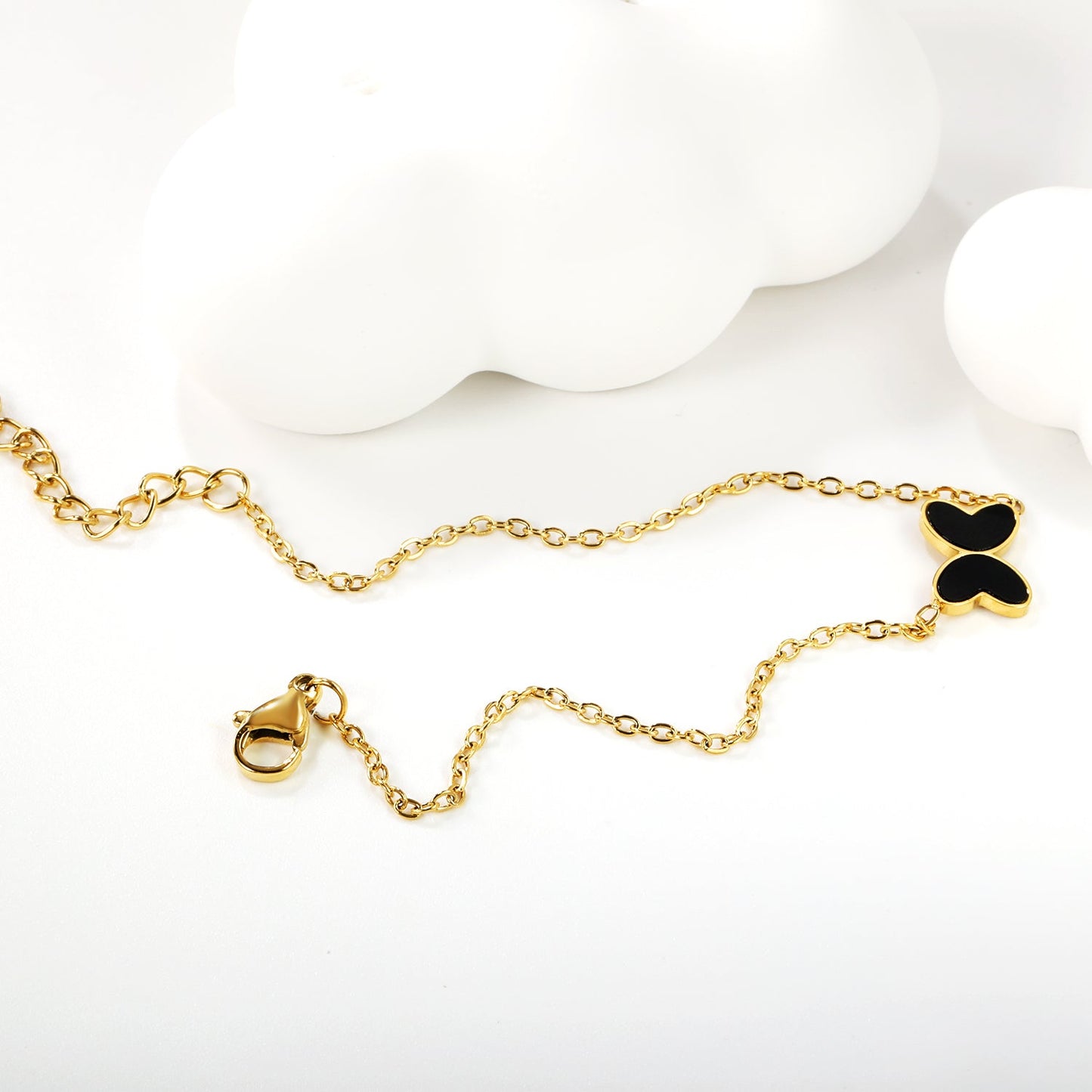 11.2*8mm Butterfly with White Shell/Black Yak/Pink Shell/Green Drip Oil Bracelet Cross Chain 0.4mm*17+3cm+6mm Round Tail Plaque Gold Color