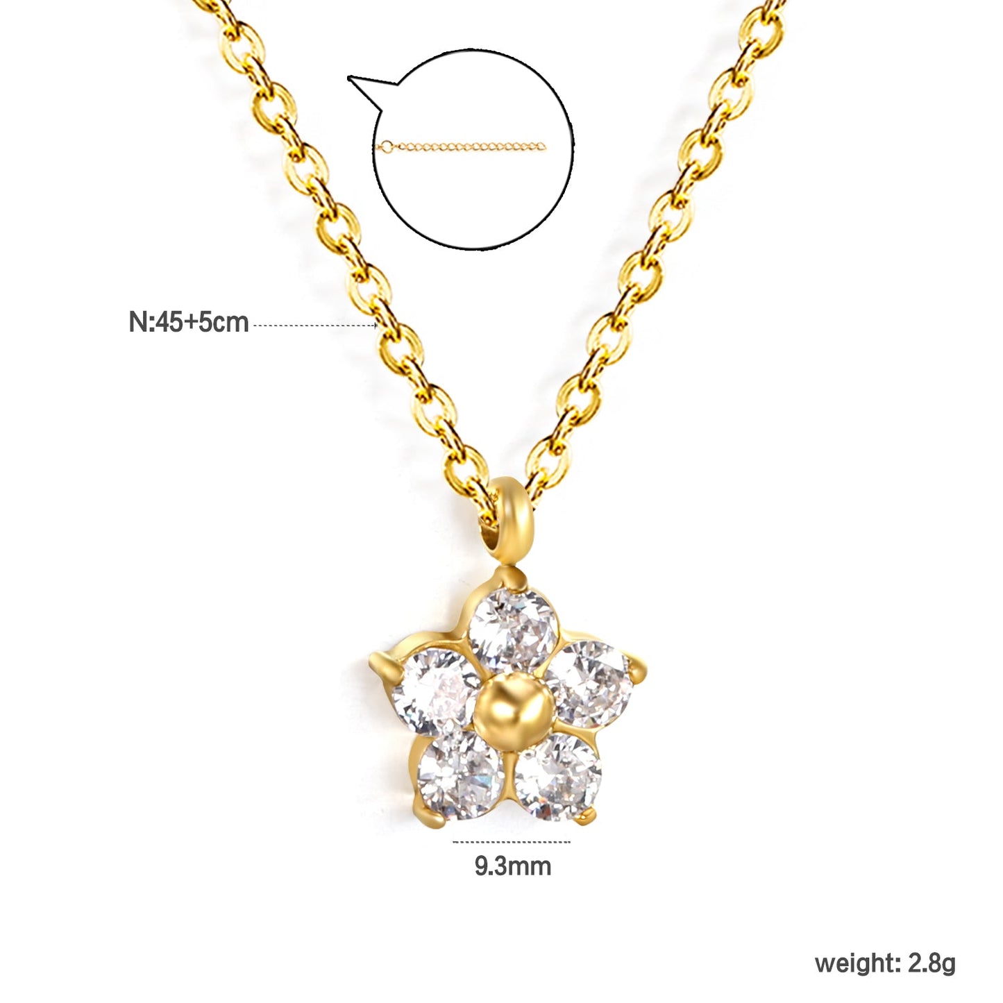 9.3mm five petal flower with round white/purple/pink zirconium pendant necklace 0.35 cross chain 45+5cm+6mm round plate