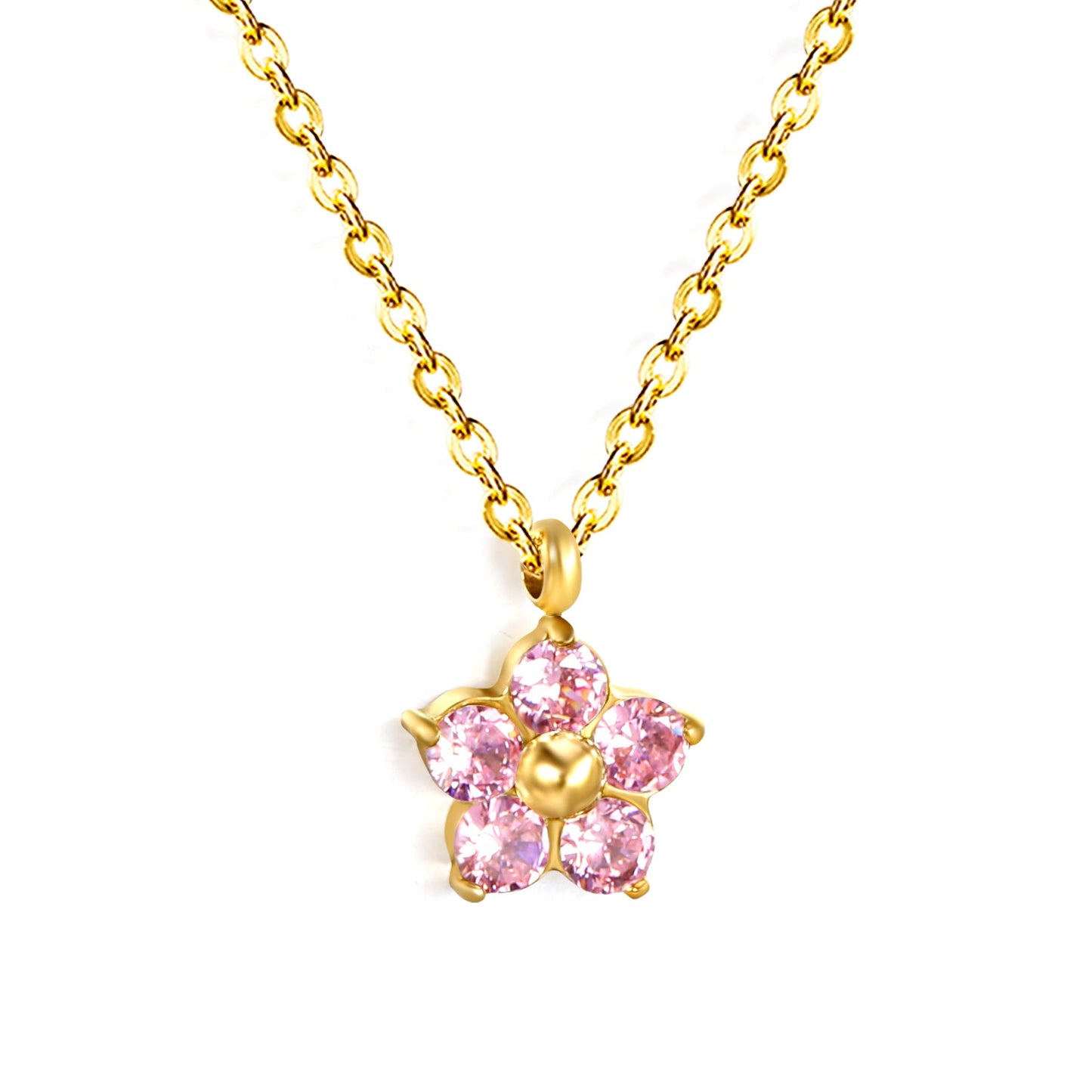 9.3mm five petal flower with round white/purple/pink zirconium pendant necklace 0.35 cross chain 45+5cm+6mm round plate
