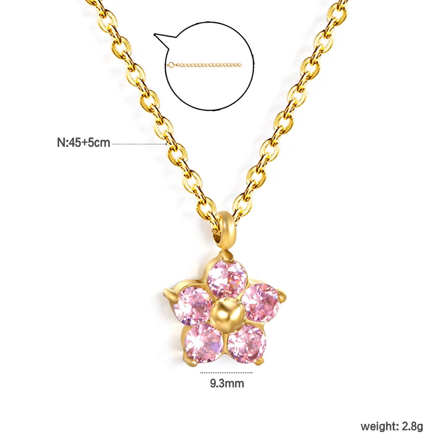 9.3mm five petal flower with round white/purple/pink zirconium pendant necklace 0.35 cross chain 45+5cm+6mm round plate