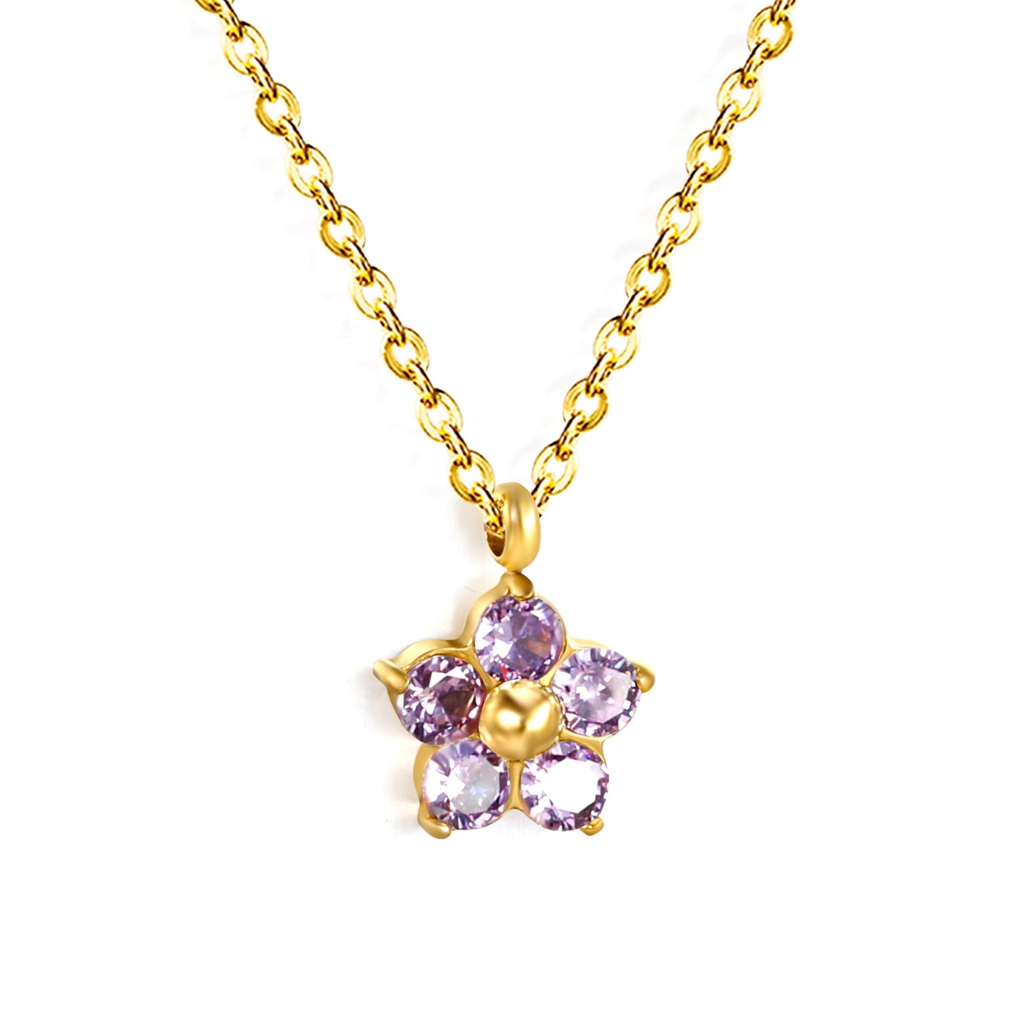 9.3mm five petal flower with round white/purple/pink zirconium pendant necklace 0.35 cross chain 45+5cm+6mm round plate