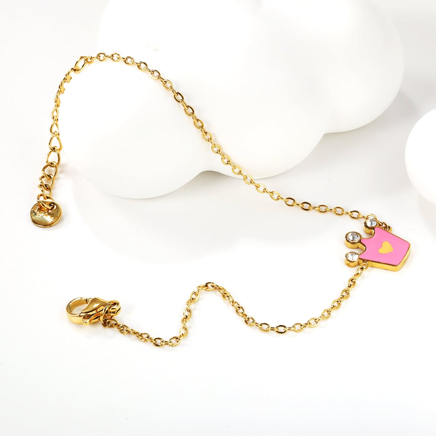 12mm Crown with Pink Oil Drip Bracelet Cross 0.4mm*17+3cm+6mm Round Plaque Gold Color