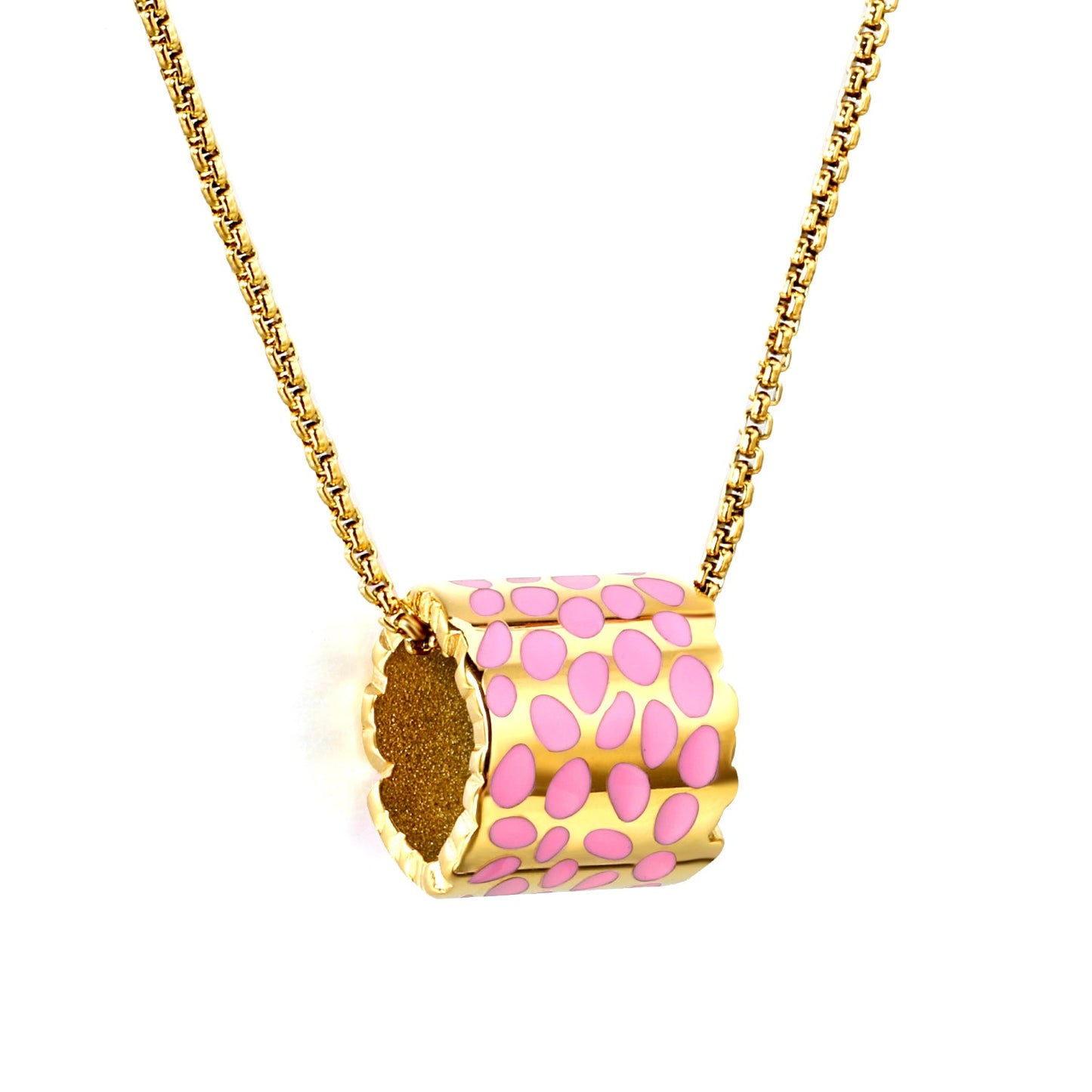 11*12mm hollow cylinder with light curry/pink/blue speckled oil drop pendant necklace 1.2 square pearl chain 40+5cm+6mm round piece gold color
