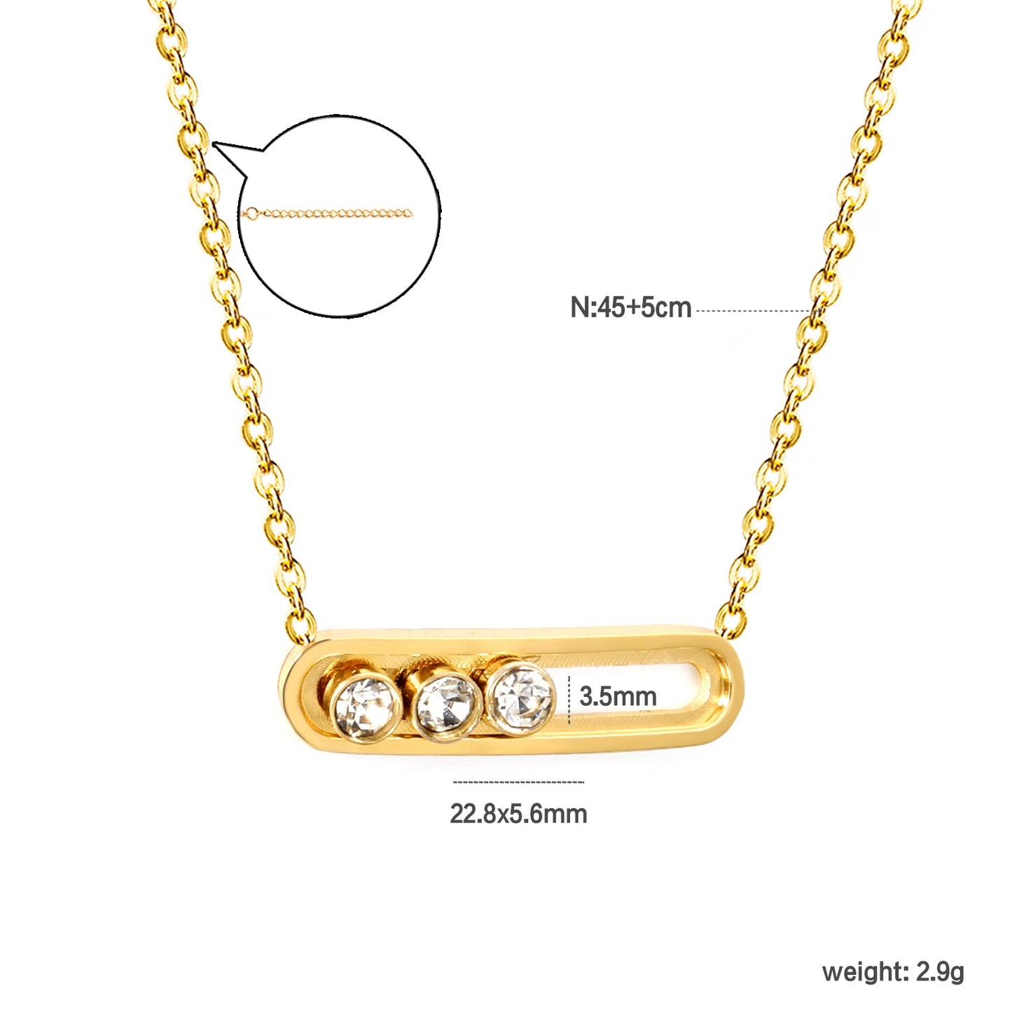 22.8*5.6mm slide U frame+3.5mm round white zirconia pendant necklace 45+5cm+6mm round end tag gold color