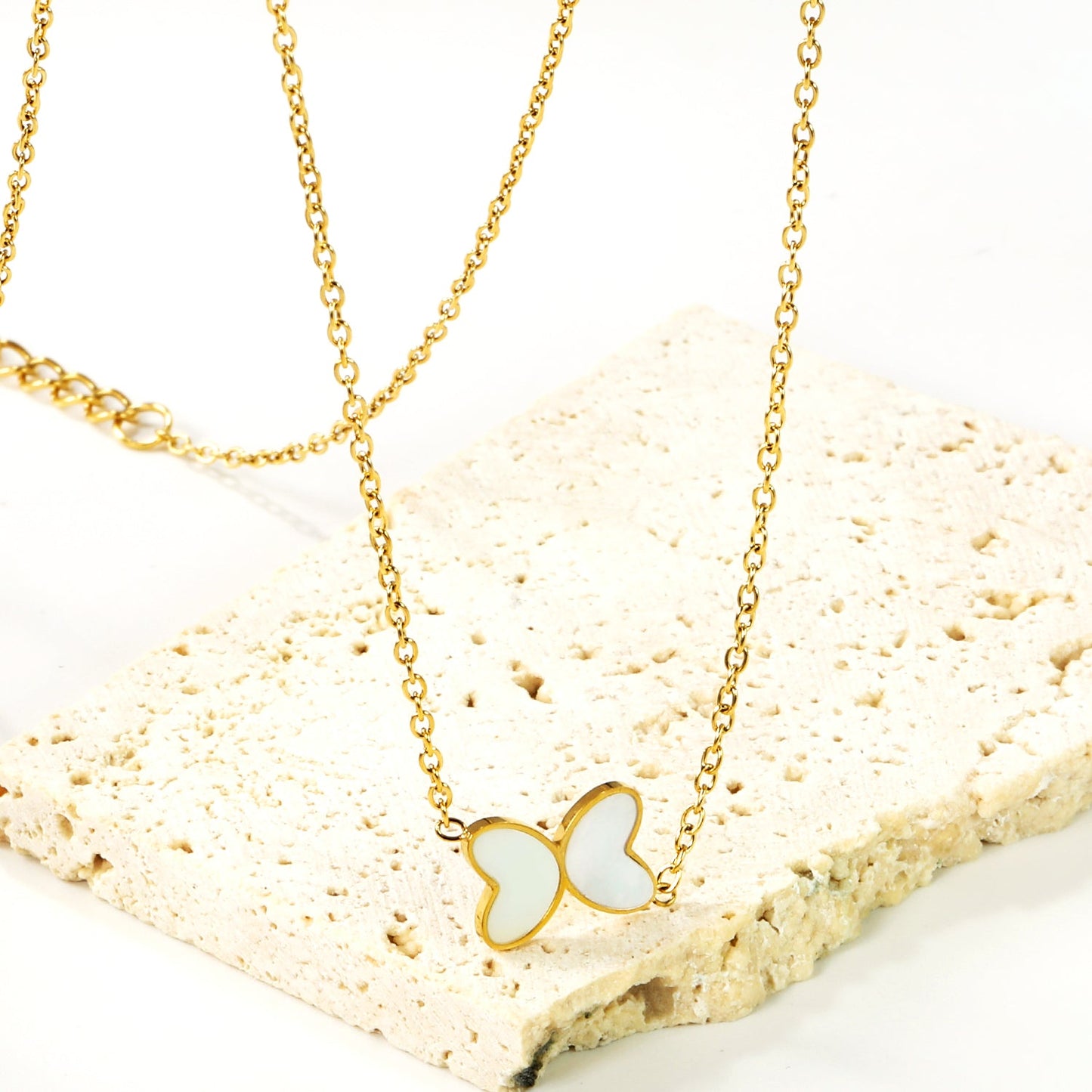 11.2*8mm Butterfly with White Shell/Black Yak/Pink Shell/Green Oil Drop Pendant Necklace 035*45+5cm+6mm Round Gold Color