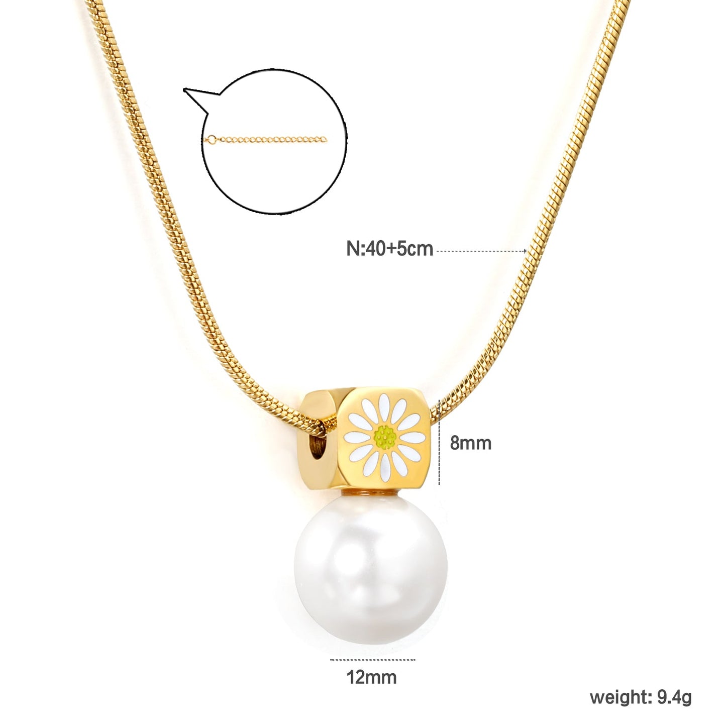 8mm chamfered square+12mm pearl pendant necklace cross chain 40+5cm+6mm round plaque gold color