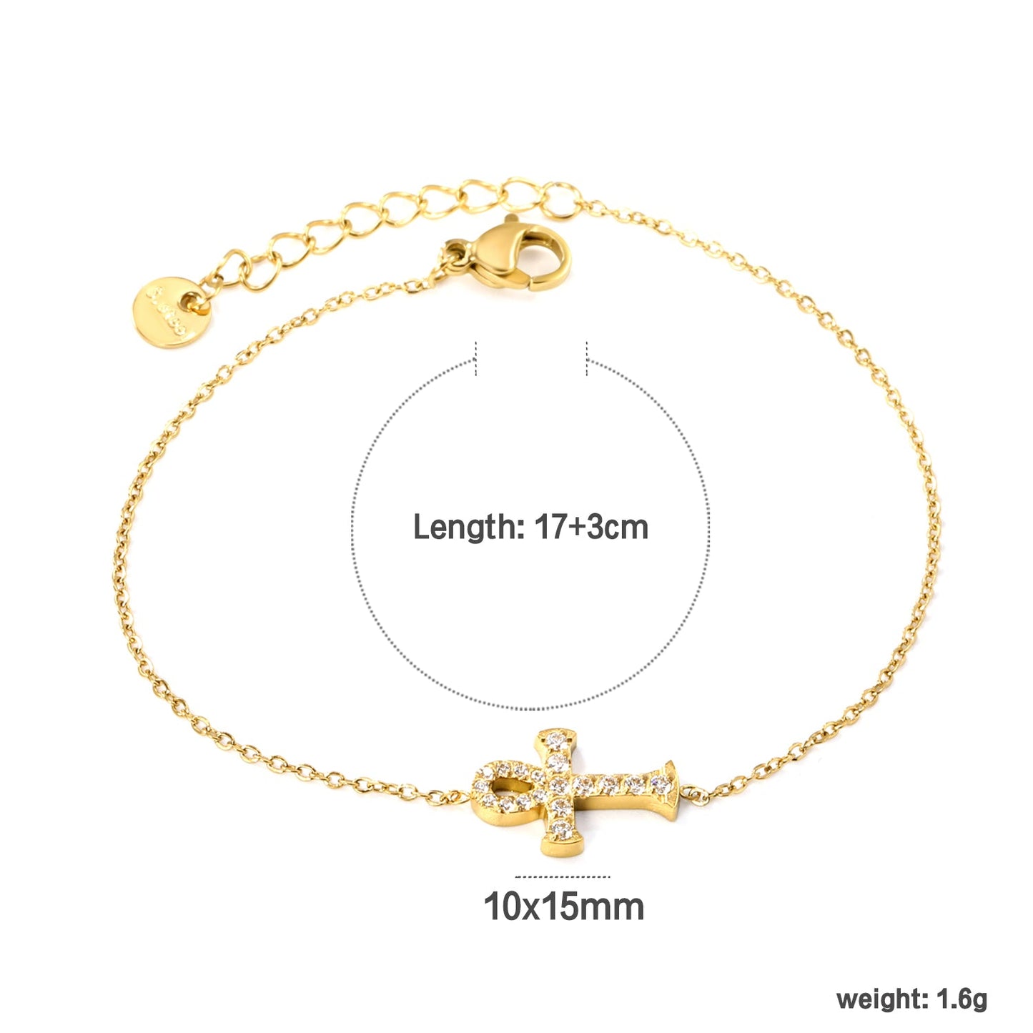 10*15mm Cross CNC Zirconium Bracelet 17+3cm+6mm Round Tail Plaque Gold Color