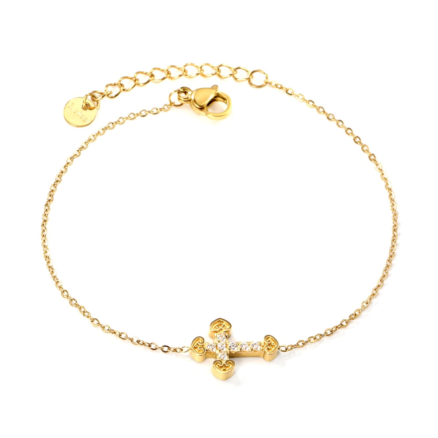 11*15mm Cross CNC White Zirconium Accessory Bracelet 17+3cm+6mm Round Tail Plaque Gold Color