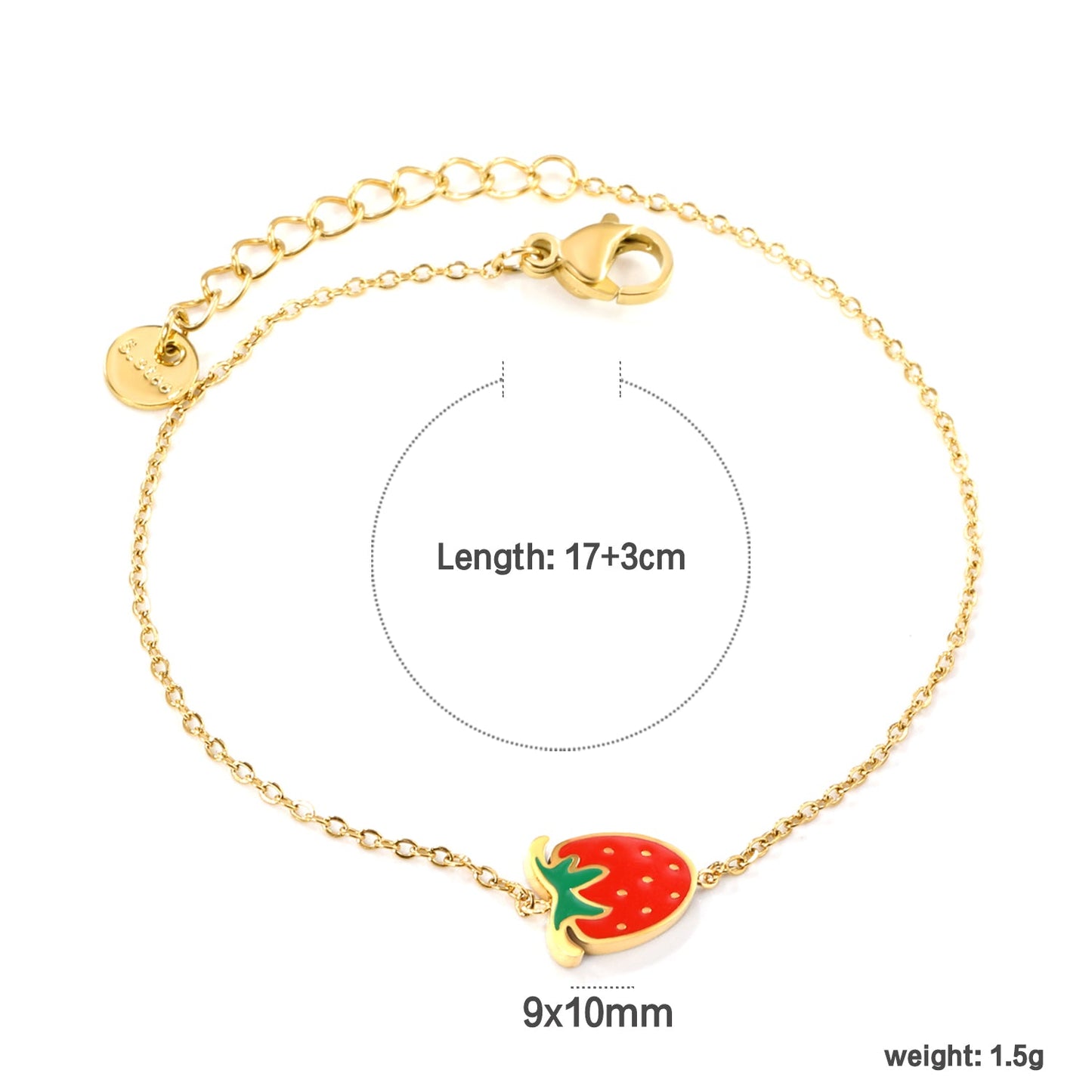 9*10mm Strawberry with Mixed Color Drip Oil Accessories Bracelet 17+3cm+6mm Round End Plaque Gold Color