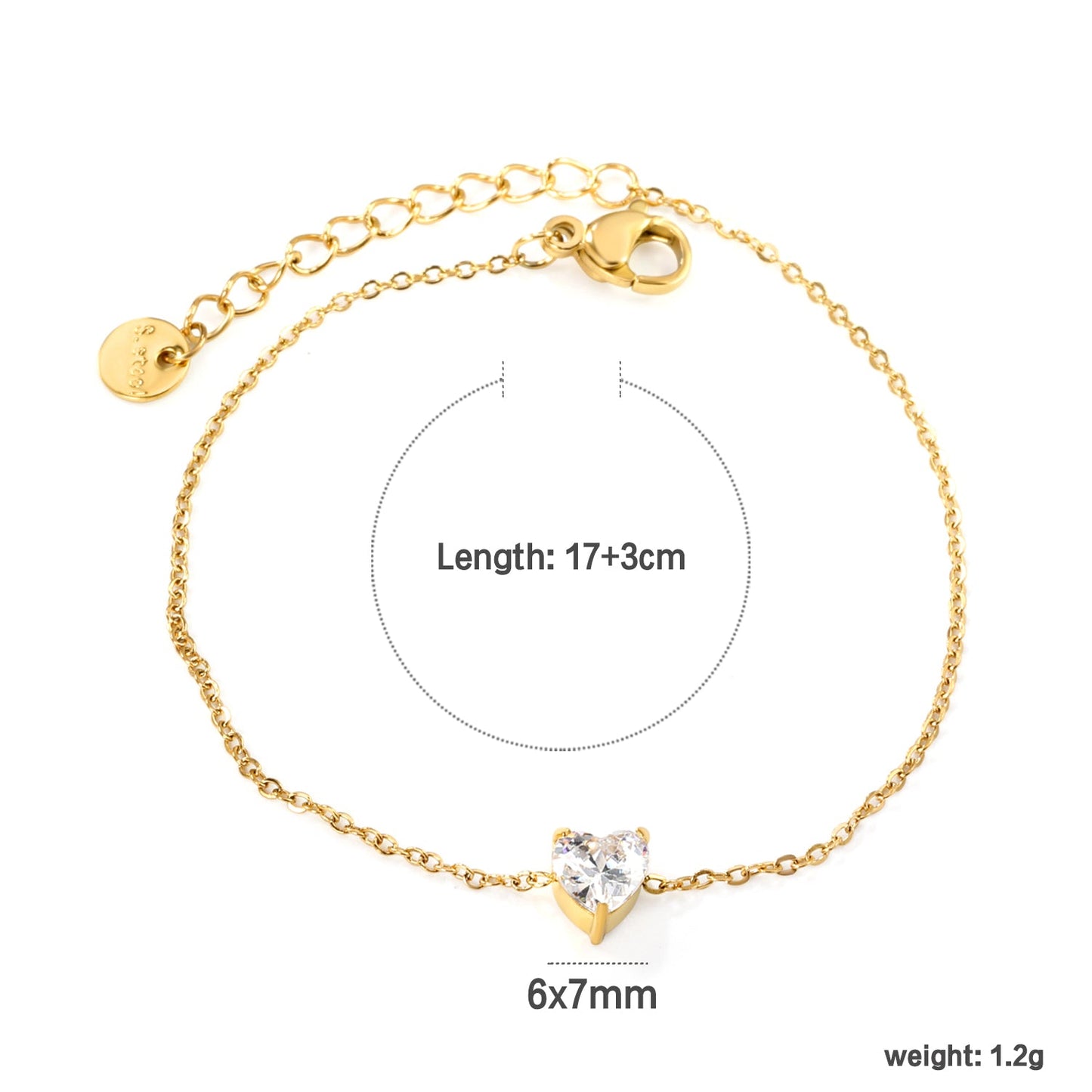 6*7mm Heart with White Zirconium Accessories Bracelet 17+3cm+6mm Round End Plaque Gold Color
