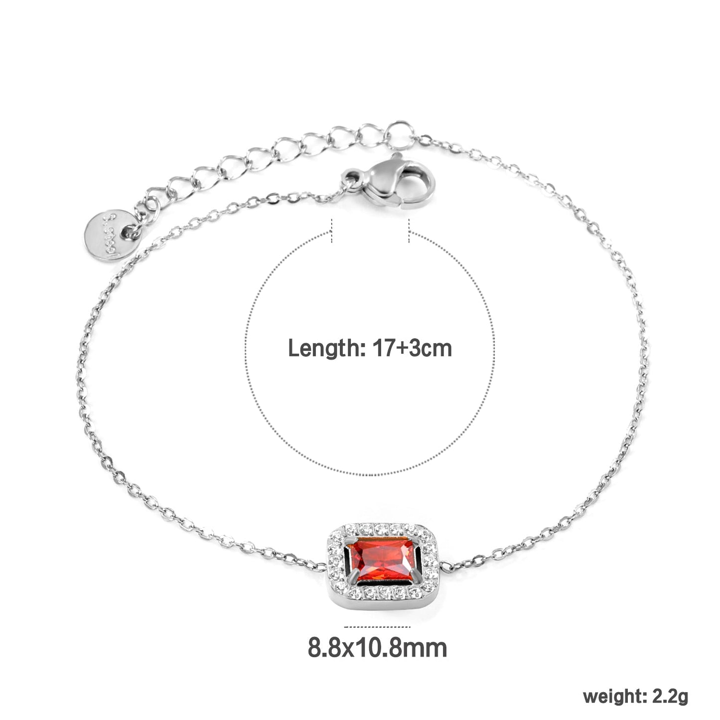 8.8*10.8mm rectangle with CNC white zirconium ring + garnet red real zirconium accessories bracelet 17+3cm+6mm round end plaque steel color/golden