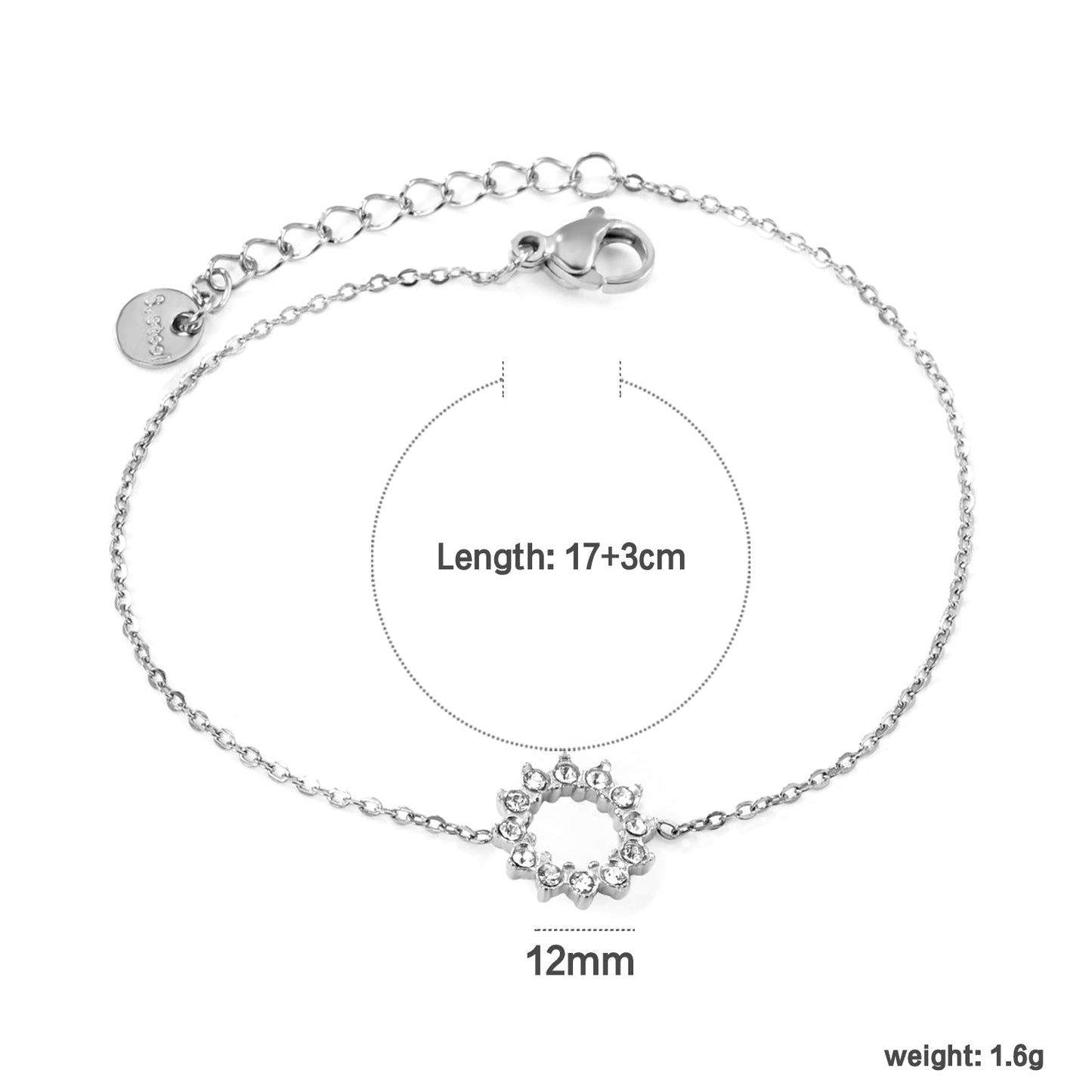 12mm Round Sticky White Zirconia Ring Accessories Bracelet 17+3cm+6mm Round End Plate Steel/Golden