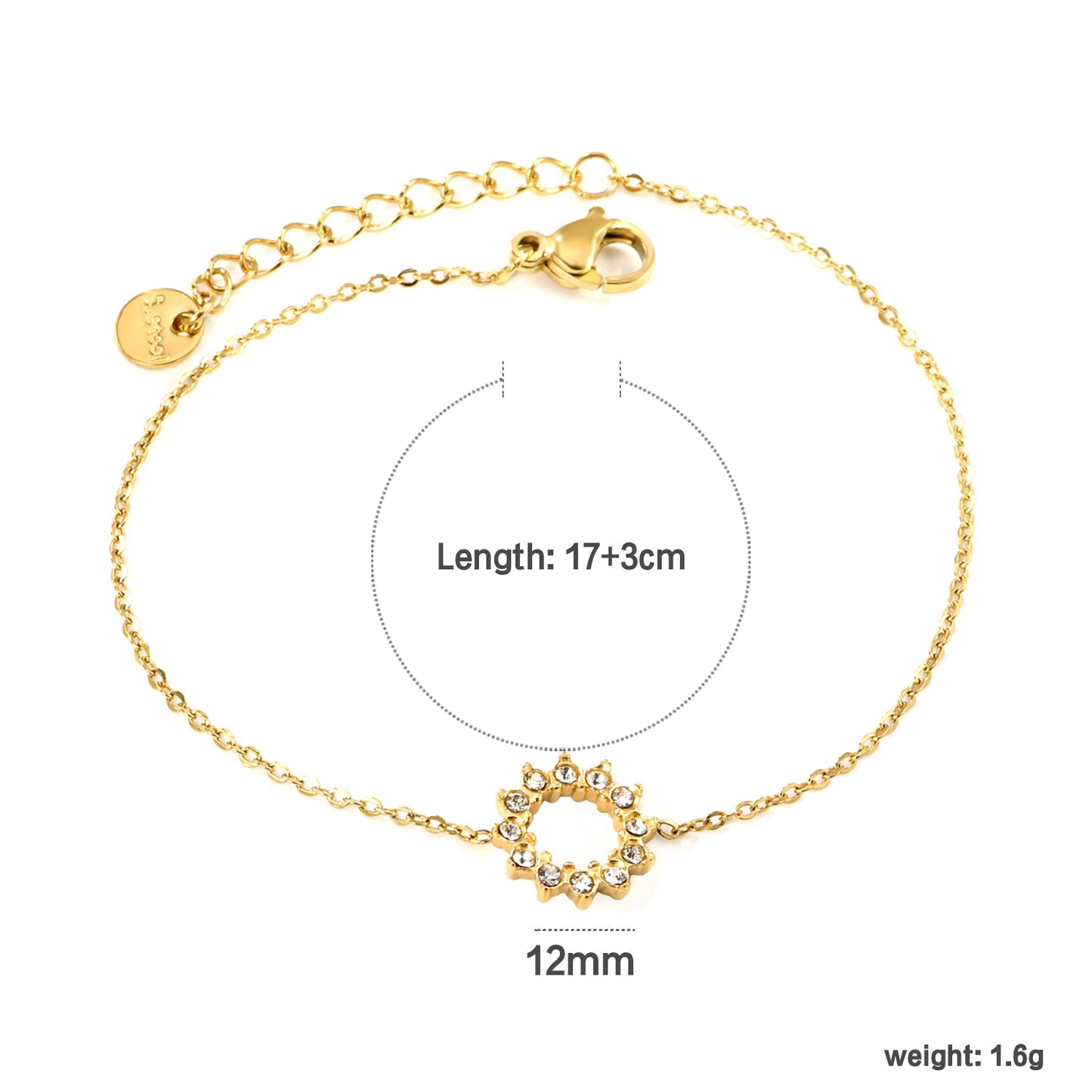 12mm Round Sticky White Zirconia Ring Accessories Bracelet 17+3cm+6mm Round End Plate Steel/Golden