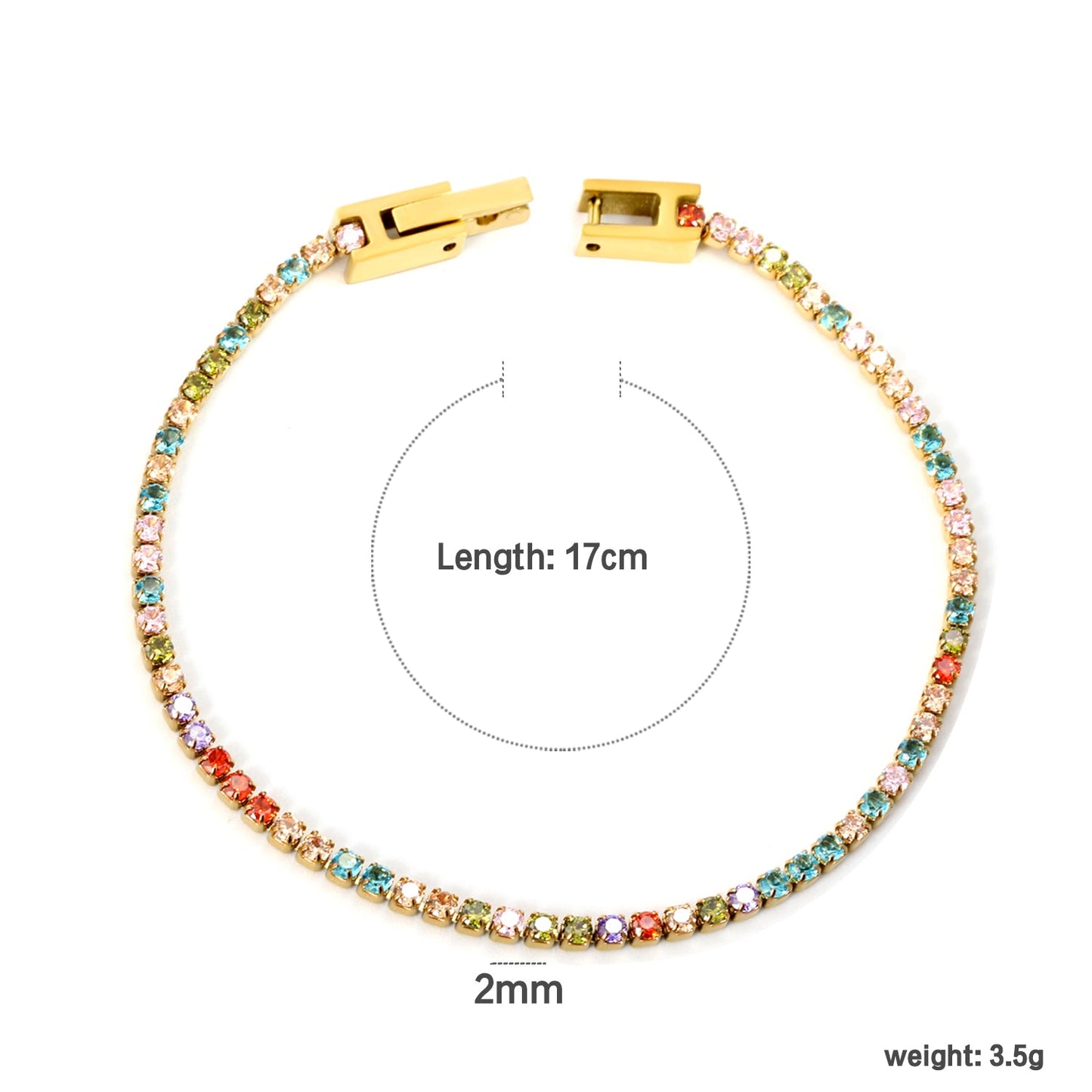 2mm/3mm round purple/pink/mixed/black crystal/white zirconium clasp bracelet 17cm steel/gold color