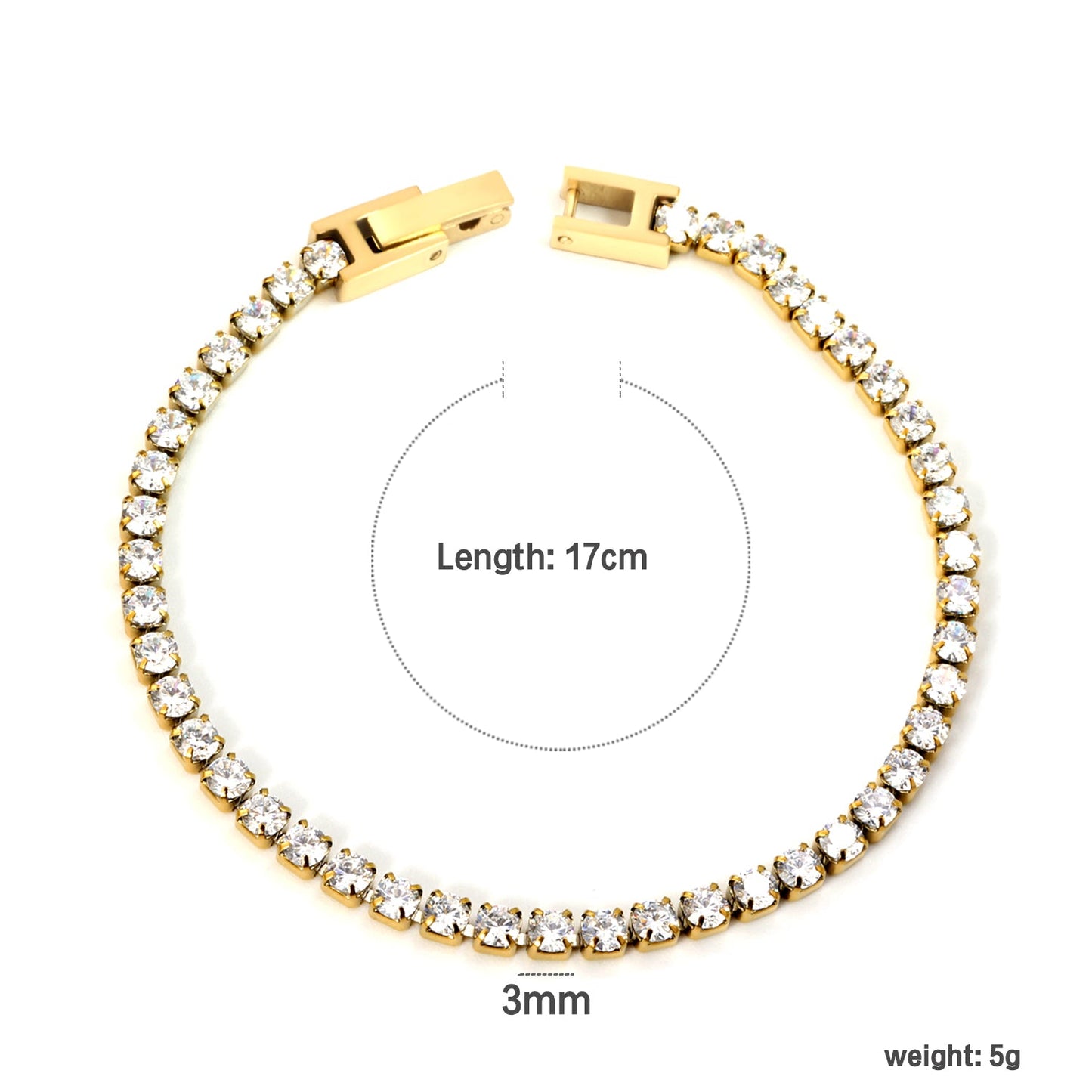 2mm/3mm round purple/pink/mixed/black crystal/white zirconium clasp bracelet 17cm steel/gold color