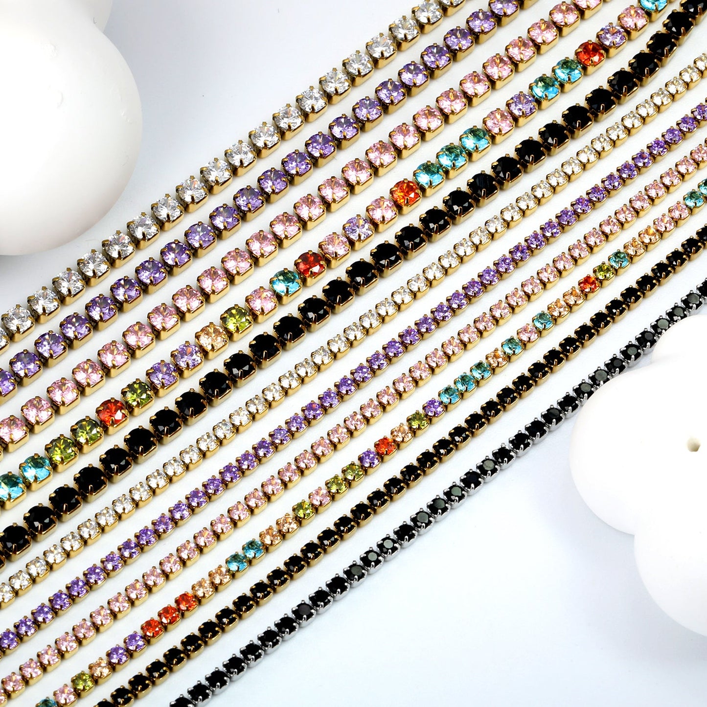 2mm/3mm round purple/pink/mixed/black crystal/white zirconium clasp bracelet 17cm steel/gold color