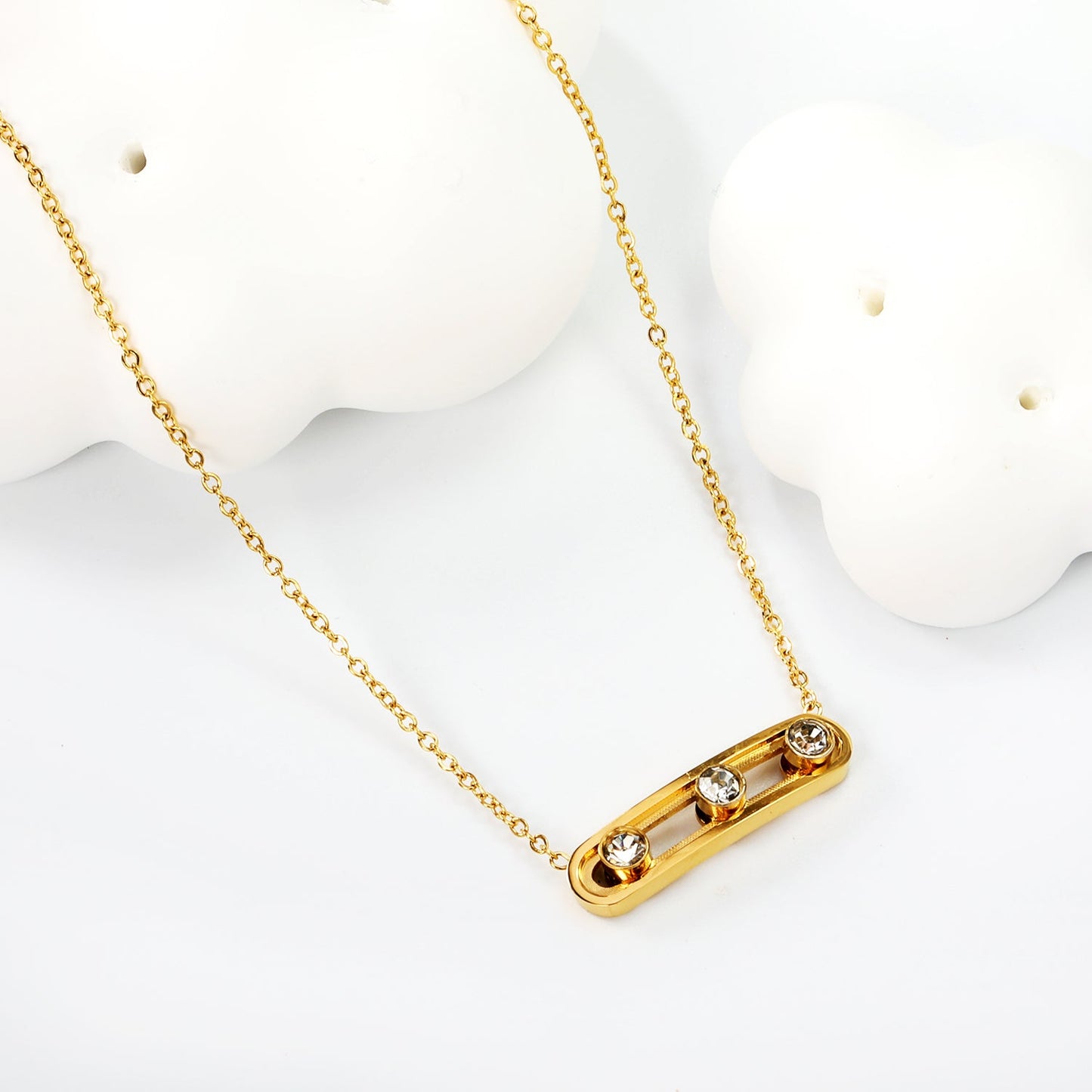 22.8*5.6mm slide U frame+3.5mm round white zirconia pendant necklace 45+5cm+6mm round end tag gold color