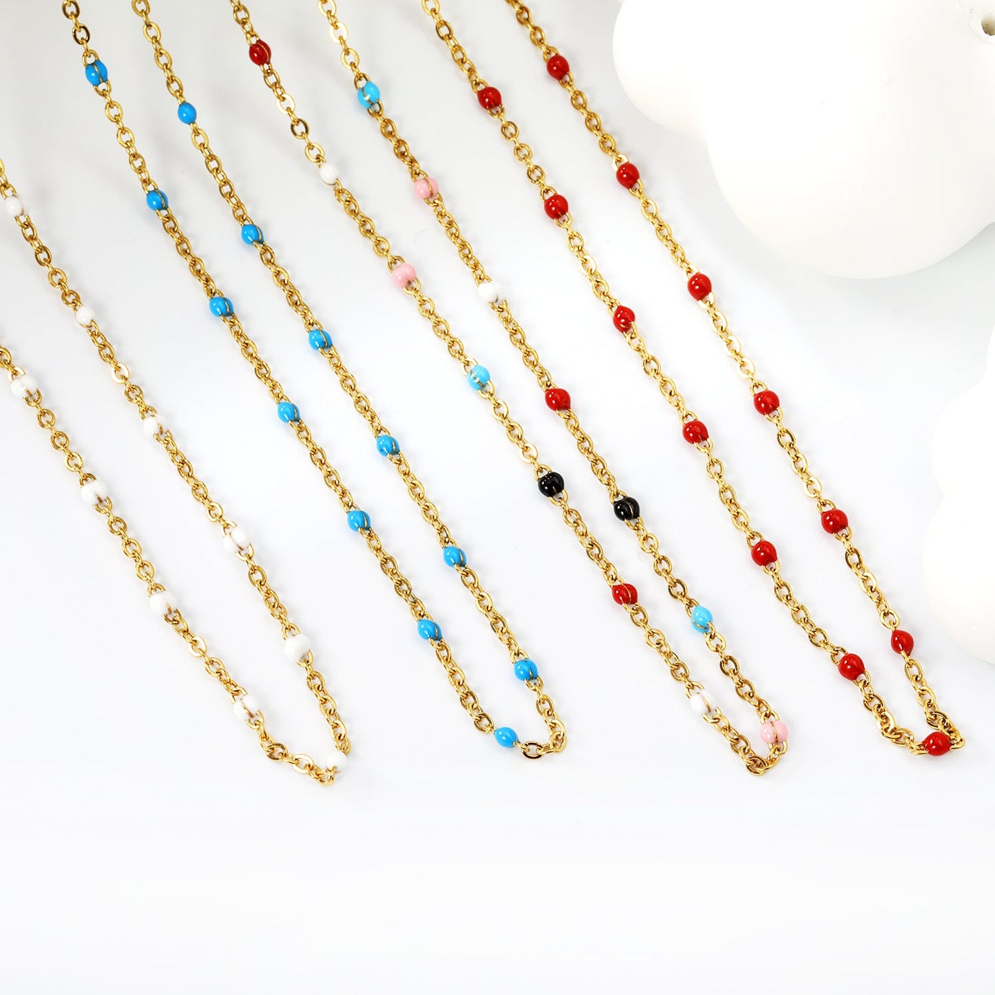 White/red/blue/mixed color dot drop glue necklace 0.4 cross chain 40+5cm+6mm round plate Gold color