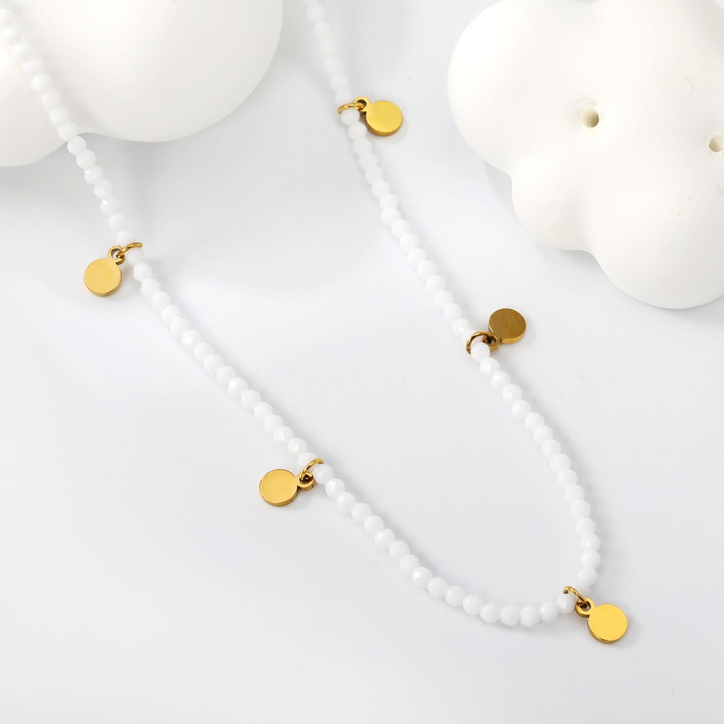 4*5.7mm round accessories +2mm white/mineral black beads necklace 40+5cm+6mm round plate Gold color