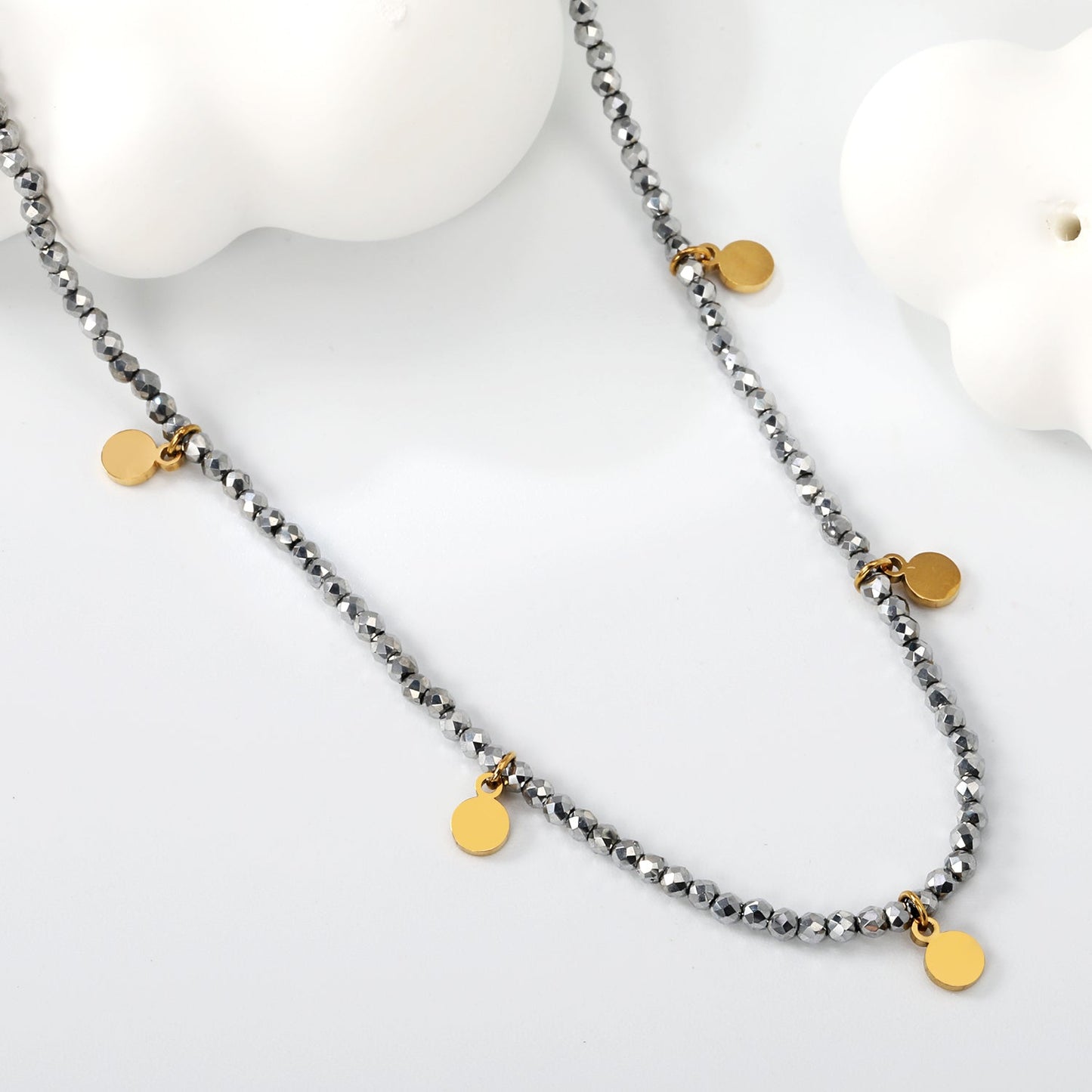 4*5.7mm round accessories +2mm white/mineral black beads necklace 40+5cm+6mm round plate Gold color
