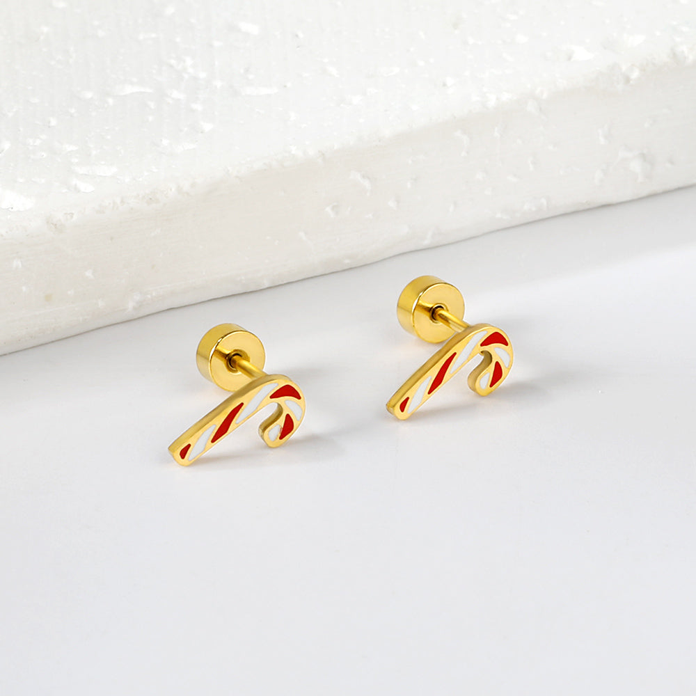 Screw Plug Christmas Cane Mixed Color Stud Earrings