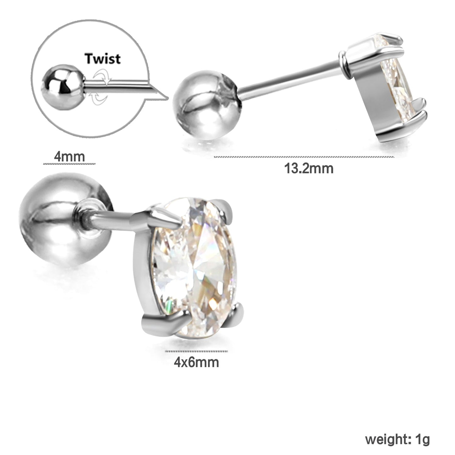 Steel ball screw-in oval earrings with white diamonds 4*6mm