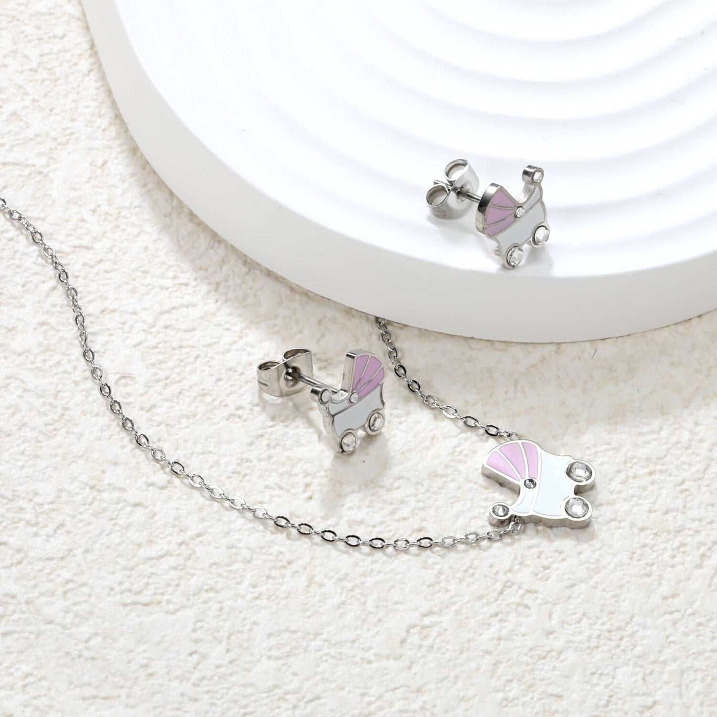 ✨10.5x12mm Pink & White Rocking Teardrop Set Diamond Accents | Gold/Silver Stainless Steel Necklace & Earrings | 42+5cm | Wholesale