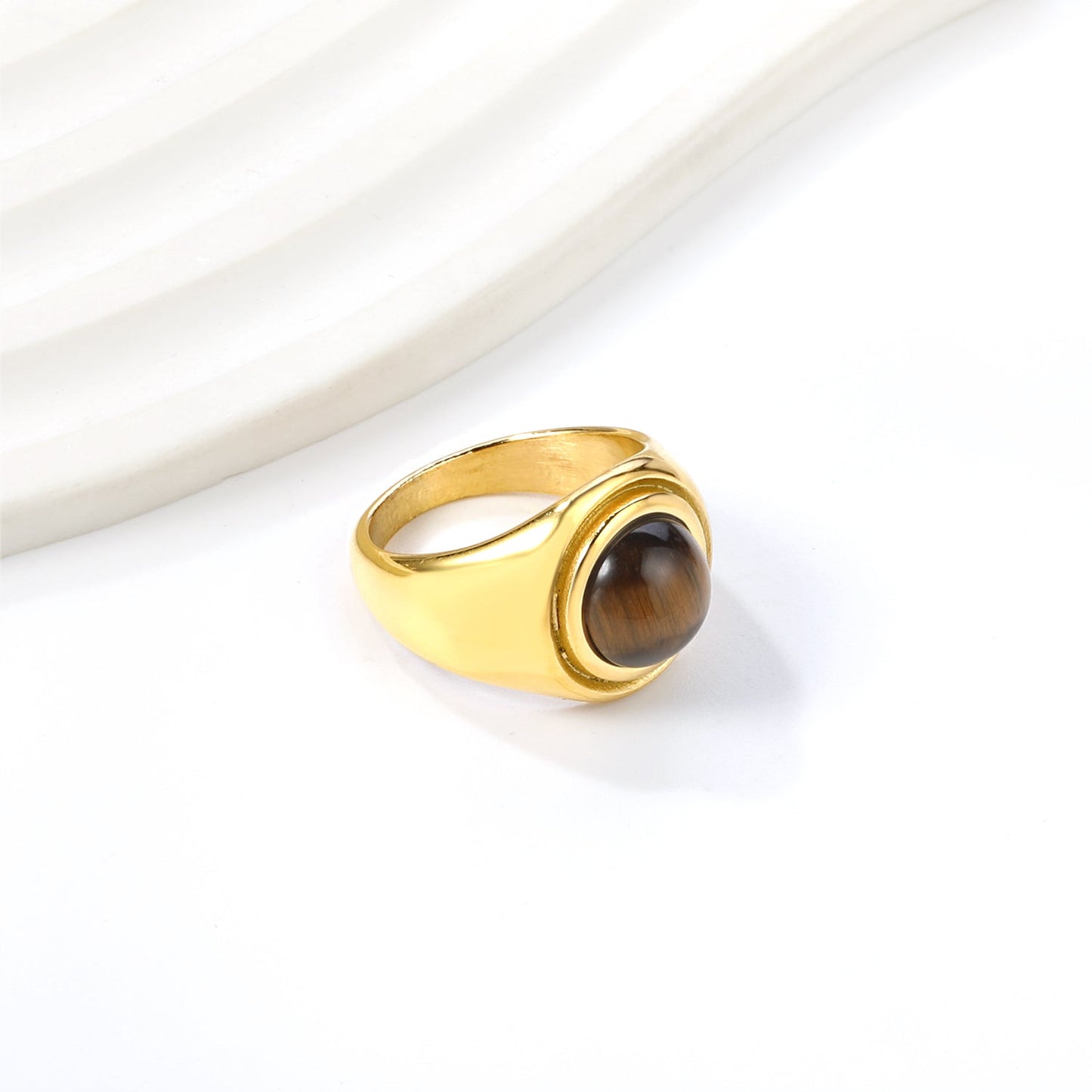 Cast Ring Bands & Round Brown Cat's Eye Ring