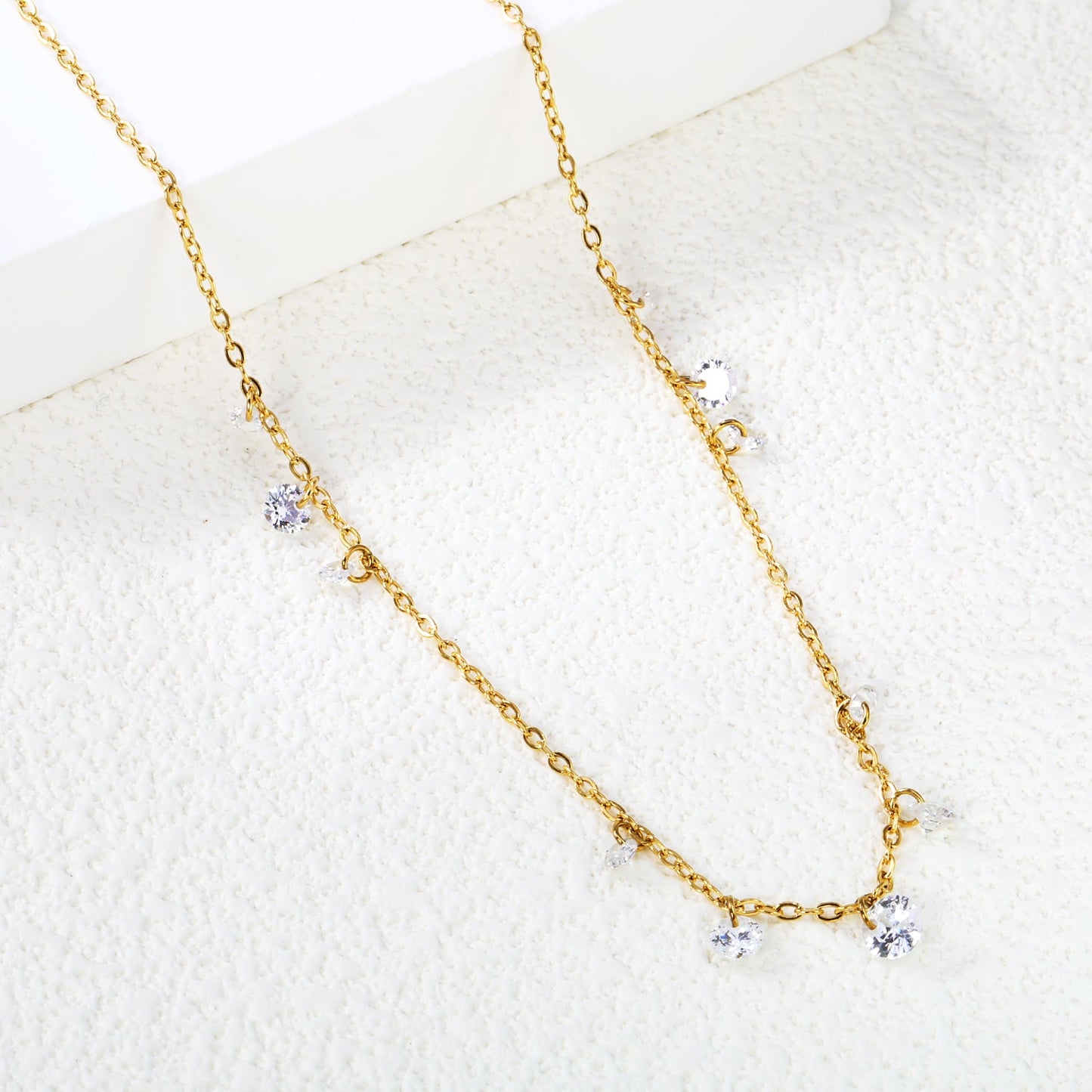 3+4+5mm round white zirconia necklace cross chain 40+5cm+6mm round plate Gold color
