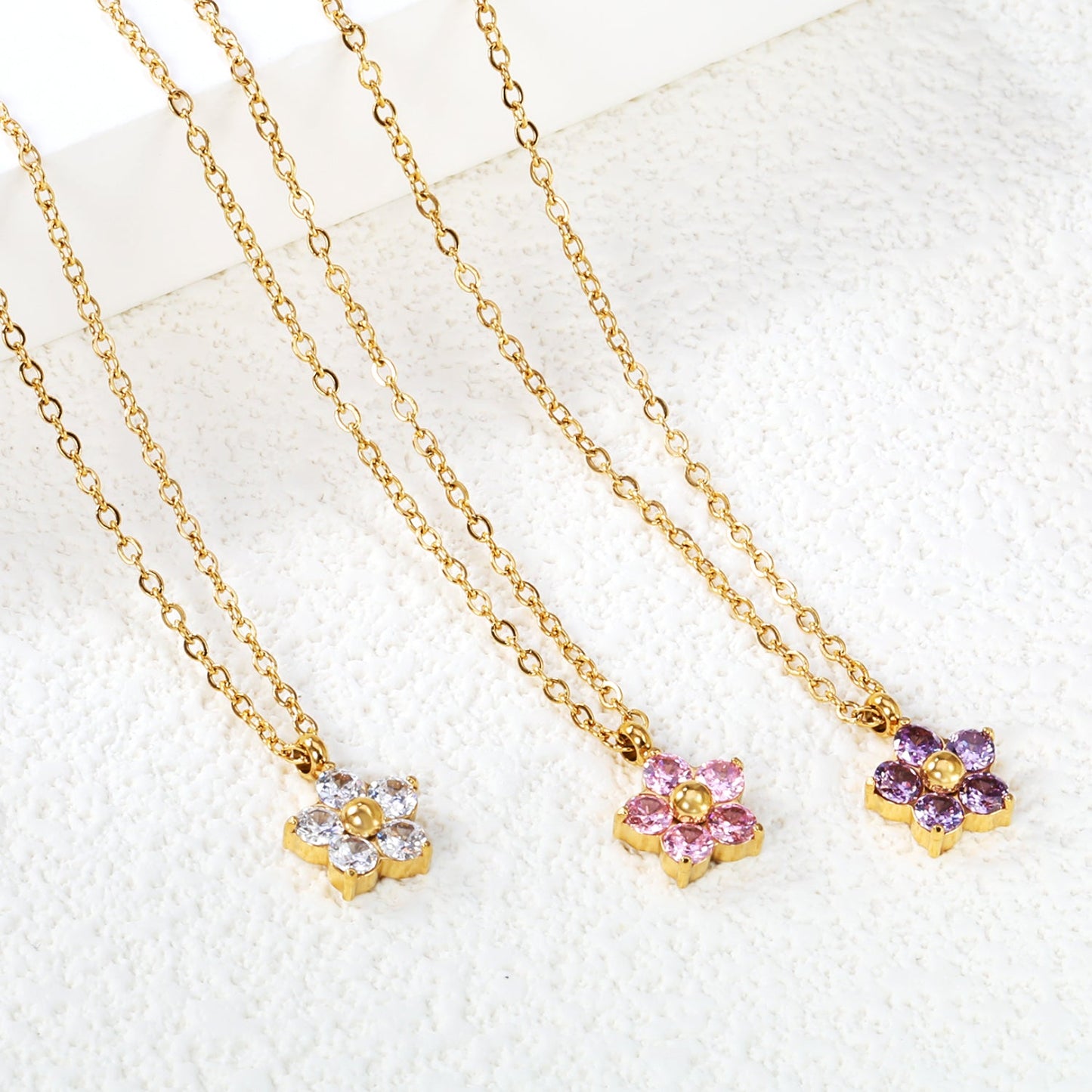 9.3mm five petal flower with round white/purple/pink zirconium pendant necklace 0.35 cross chain 45+5cm+6mm round plate
