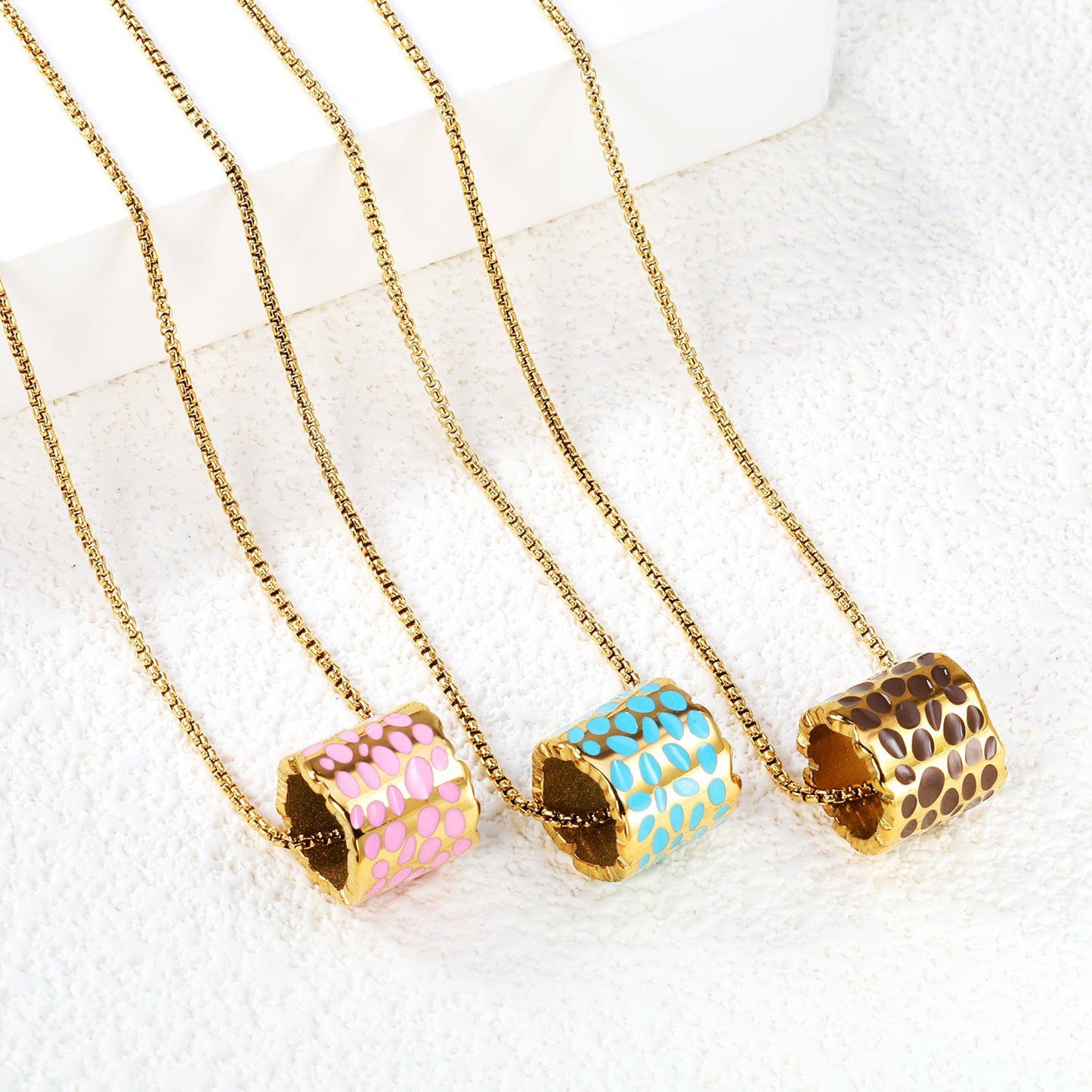 11*12mm hollow cylinder with light curry/pink/blue speckled oil drop pendant necklace 1.2 square pearl chain 40+5cm+6mm round piece gold color