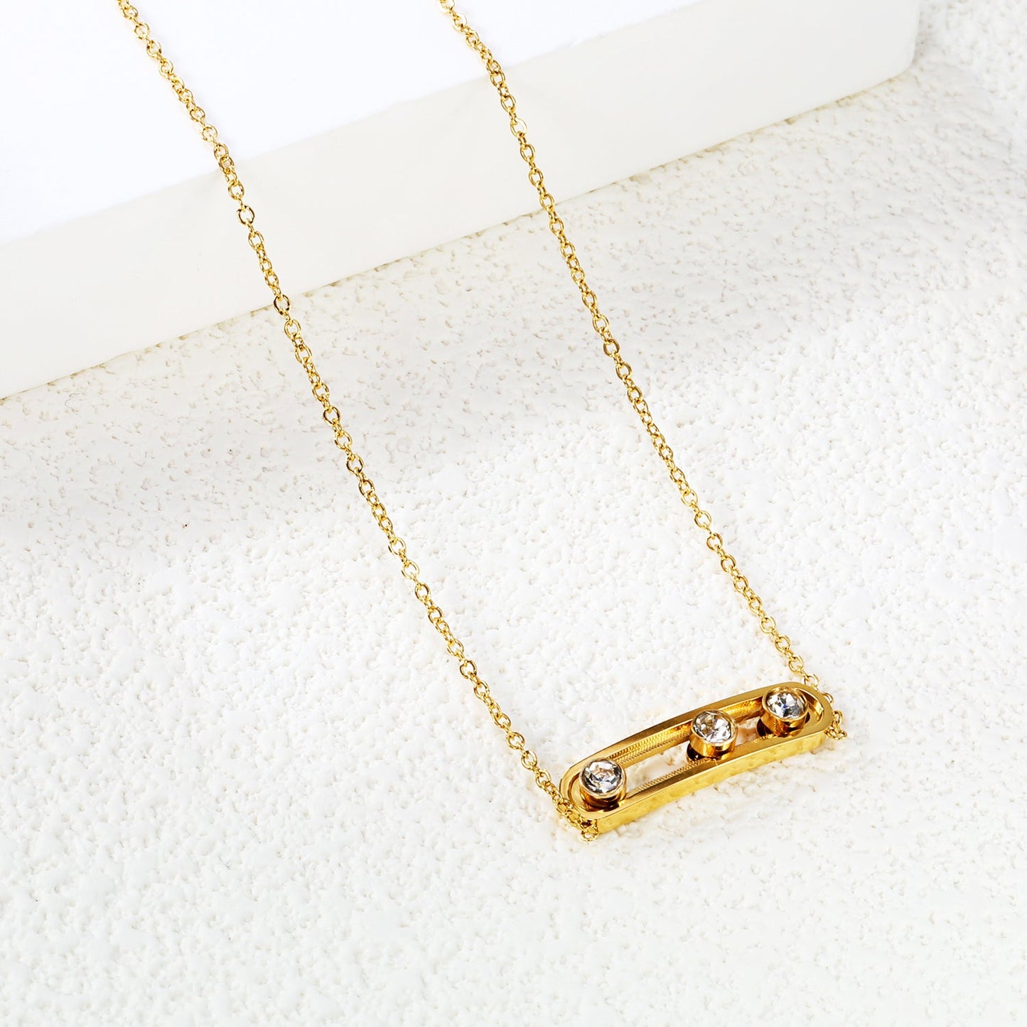 22.8*5.6mm slide U frame+3.5mm round white zirconia pendant necklace 45+5cm+6mm round end tag gold color